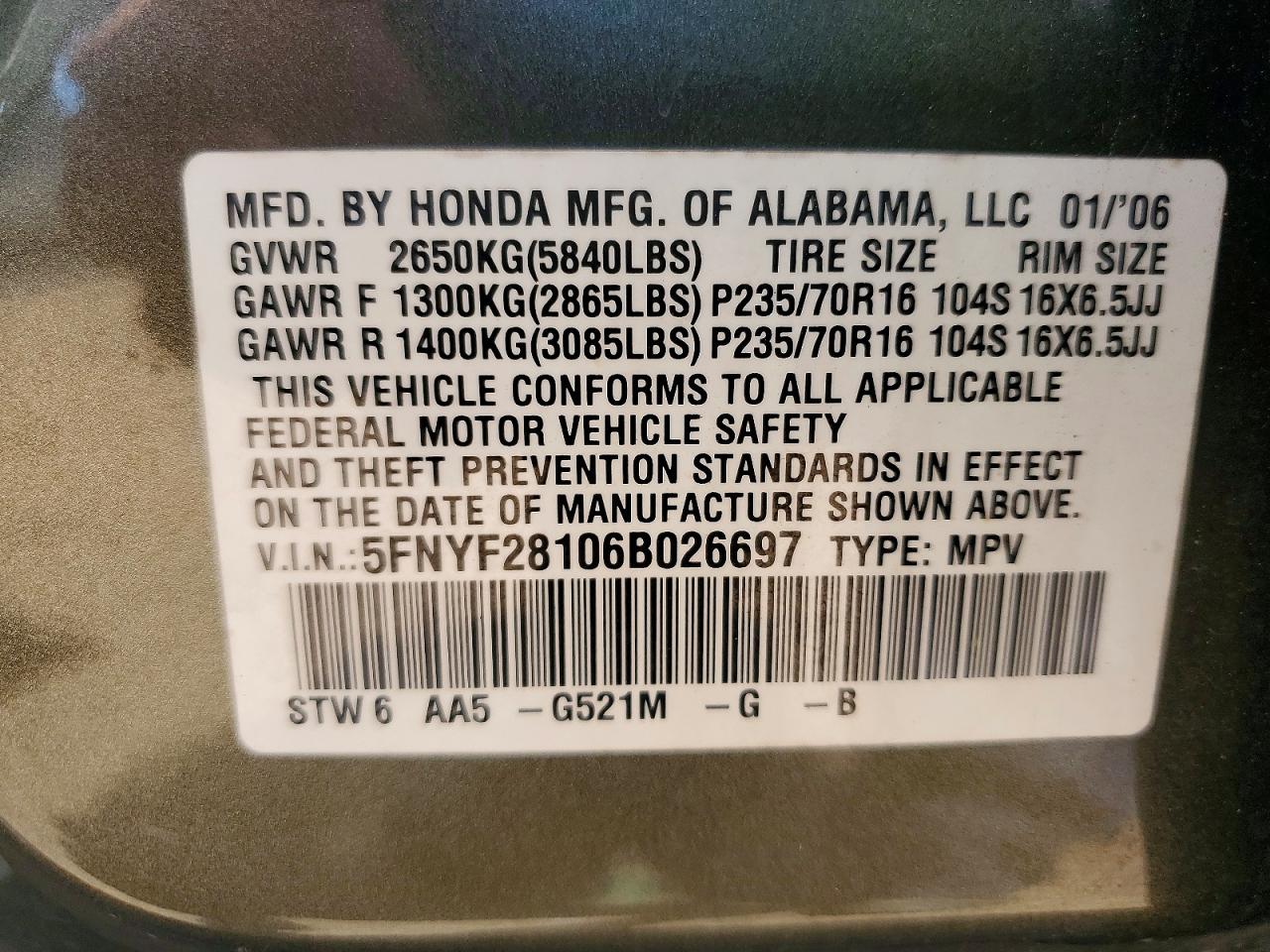 2006 Honda Pilot Lx Green vin: 5FNYF28106B026697