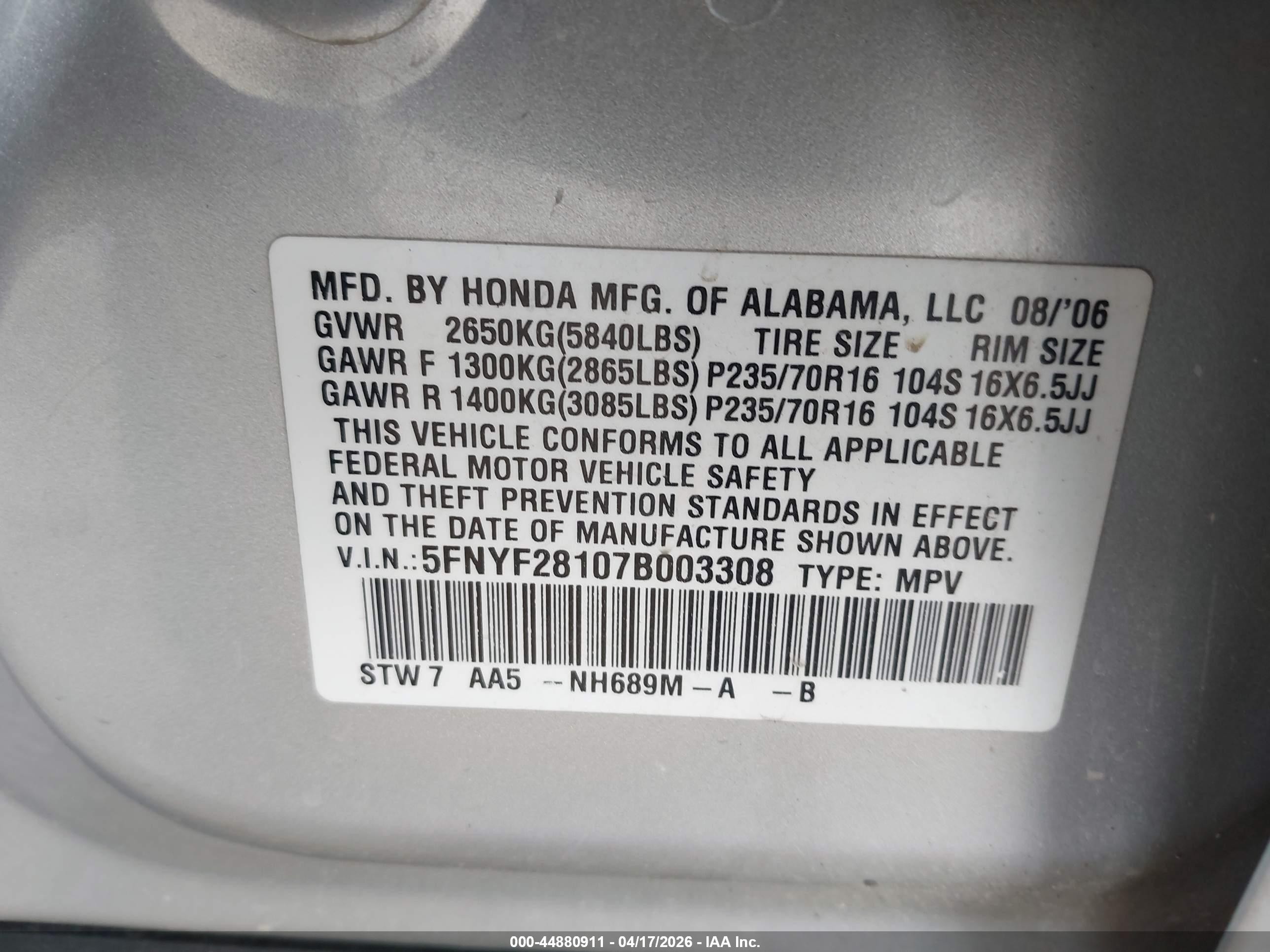 2007 Honda Pilot Lx Silver vin: 5FNYF28107B003308