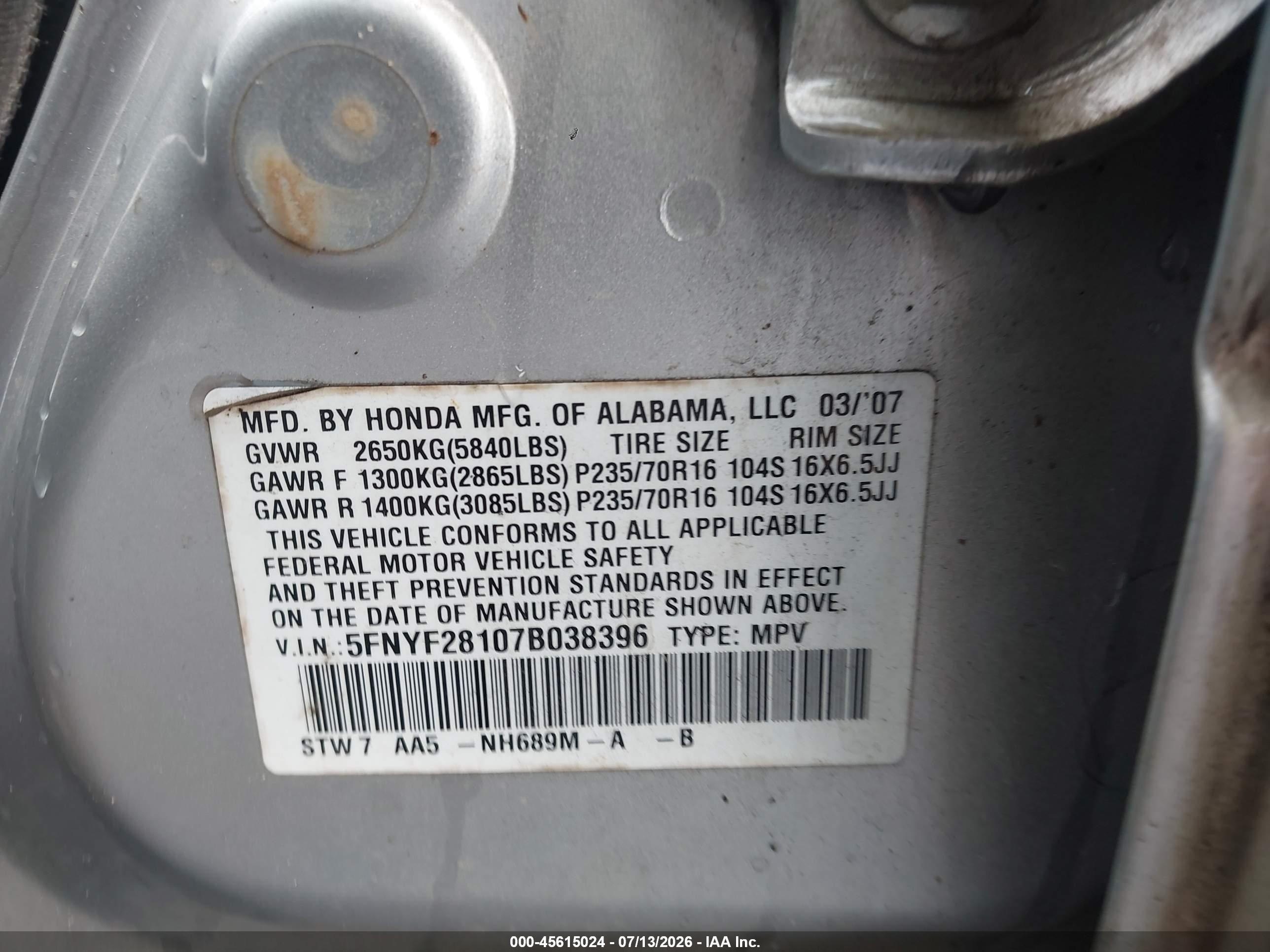 2007 Honda Pilot Lx Серебряный vin: 5FNYF28107B038396