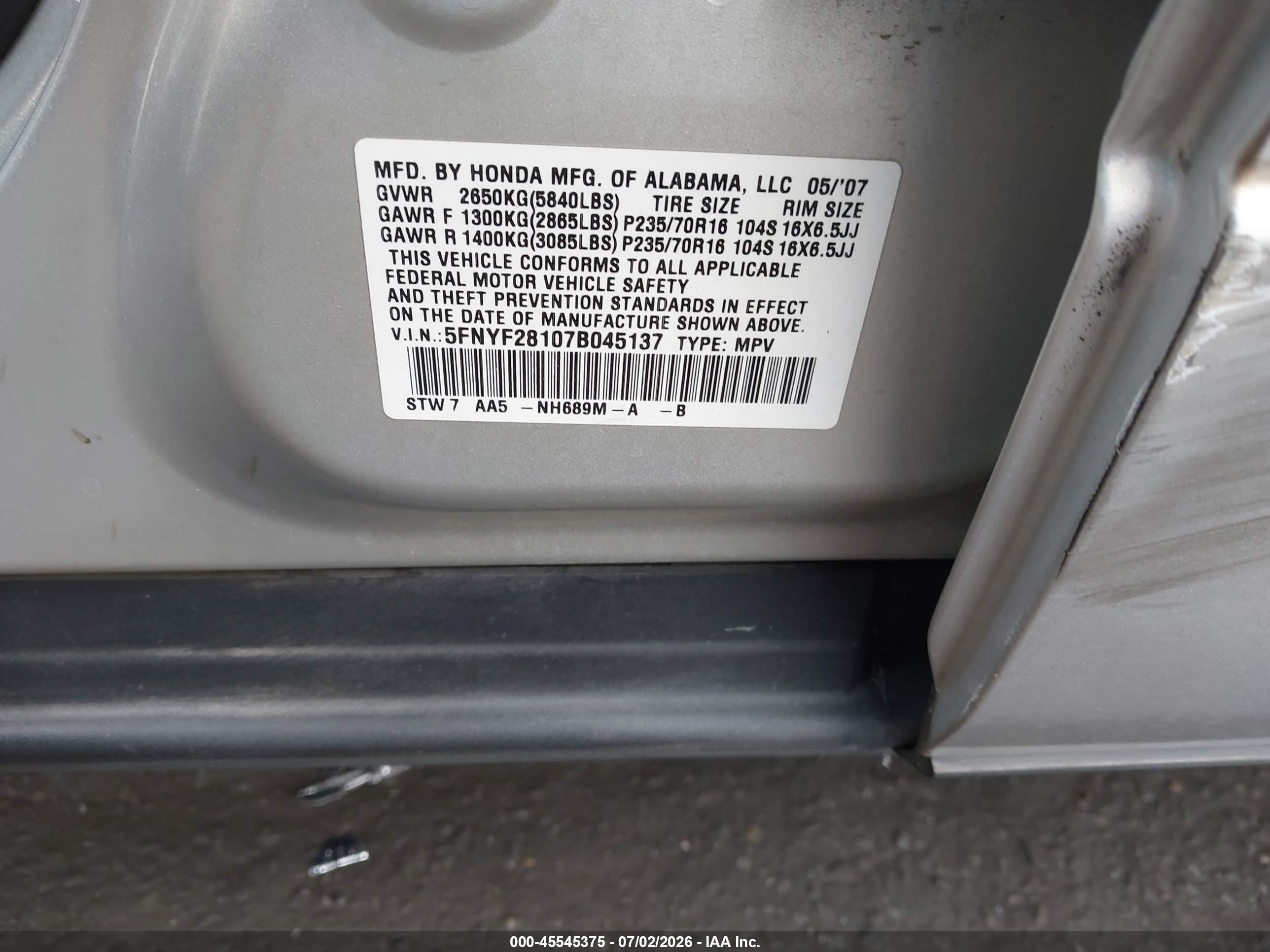 2007 Honda Pilot Lx Silver vin: 5FNYF28107B045137