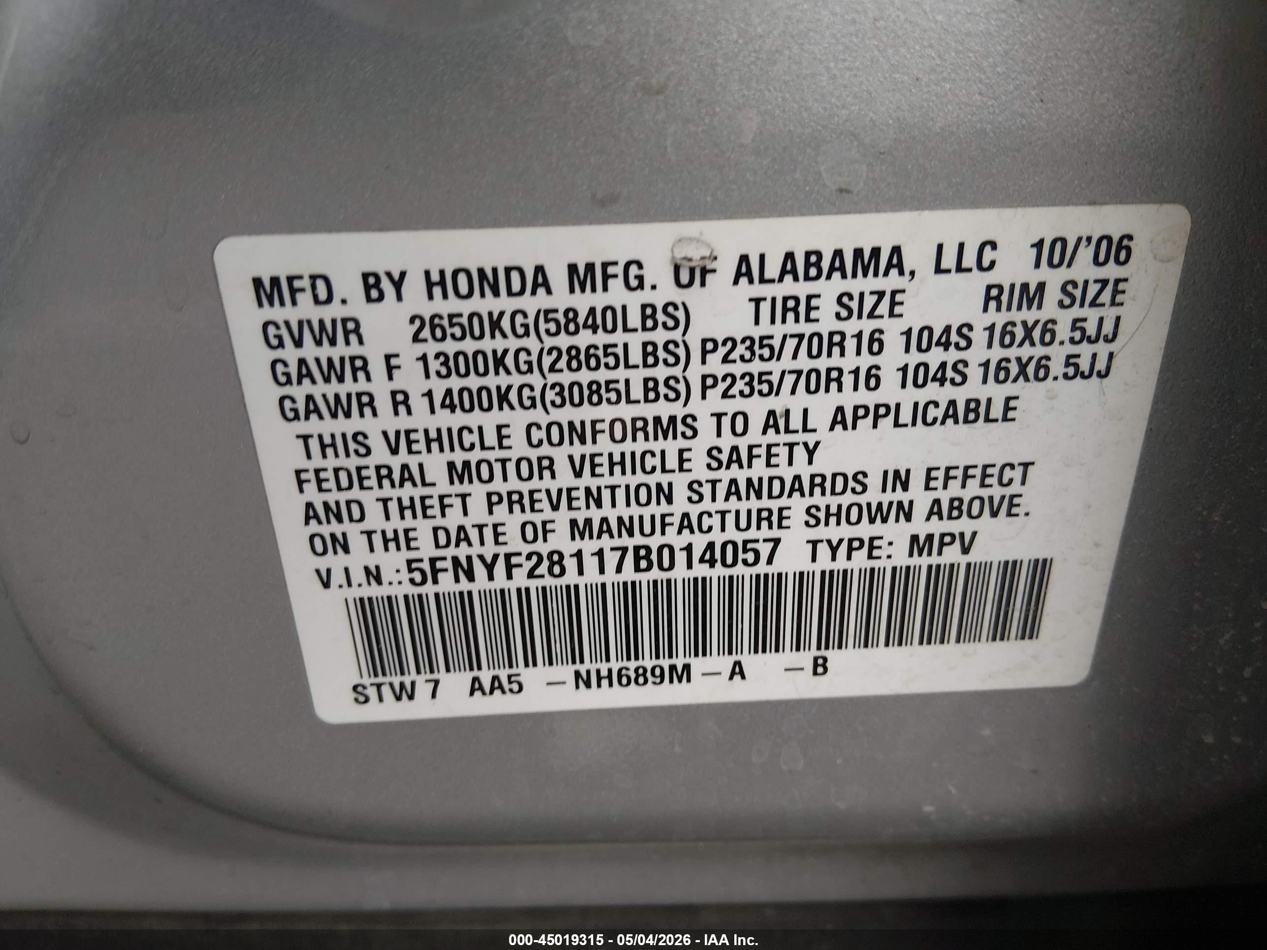 2007 Honda Pilot Lx Silver vin: 5FNYF28117B014057