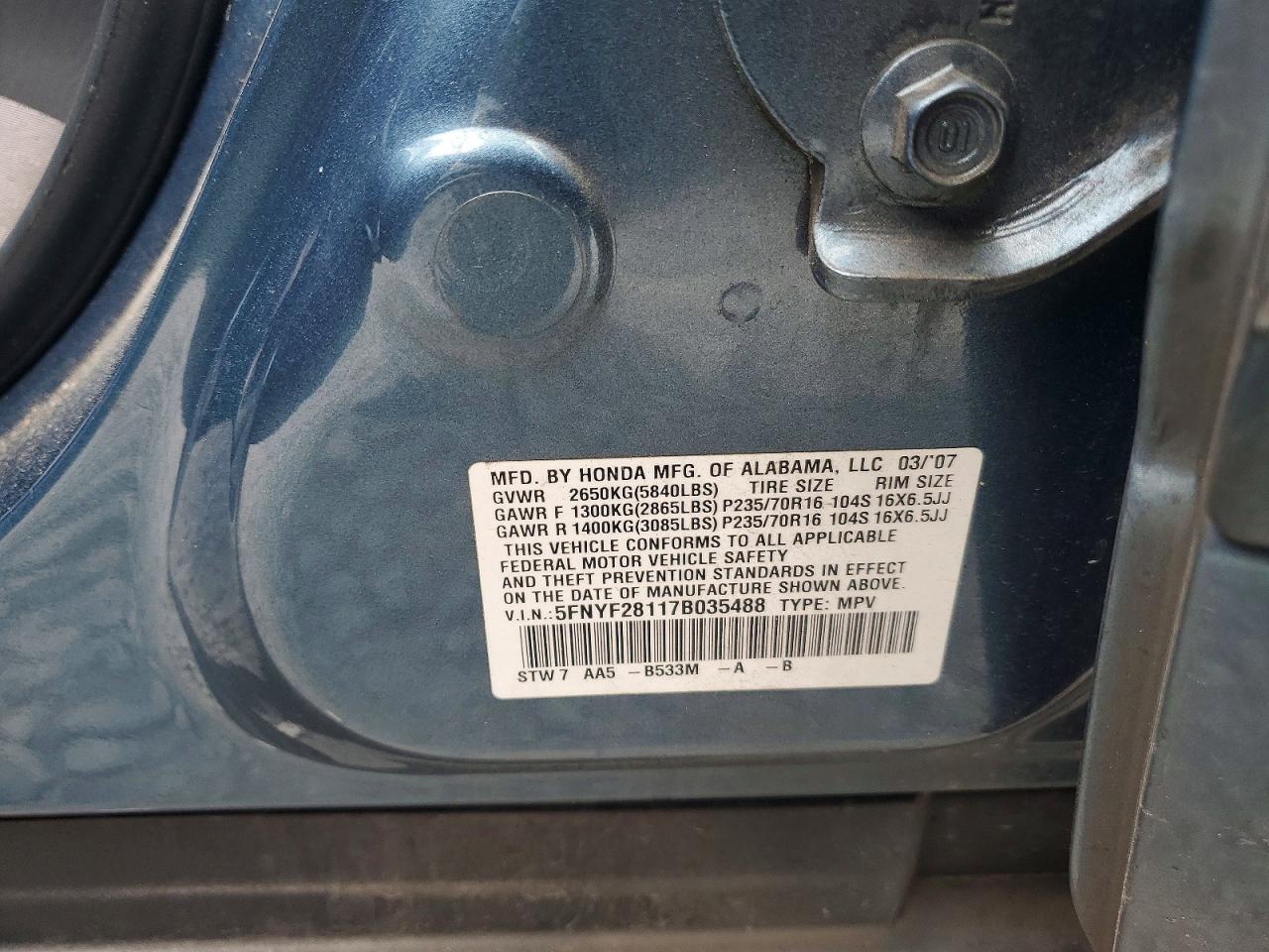 2007 Honda Pilot Lx Blue vin: 5FNYF28117B035488