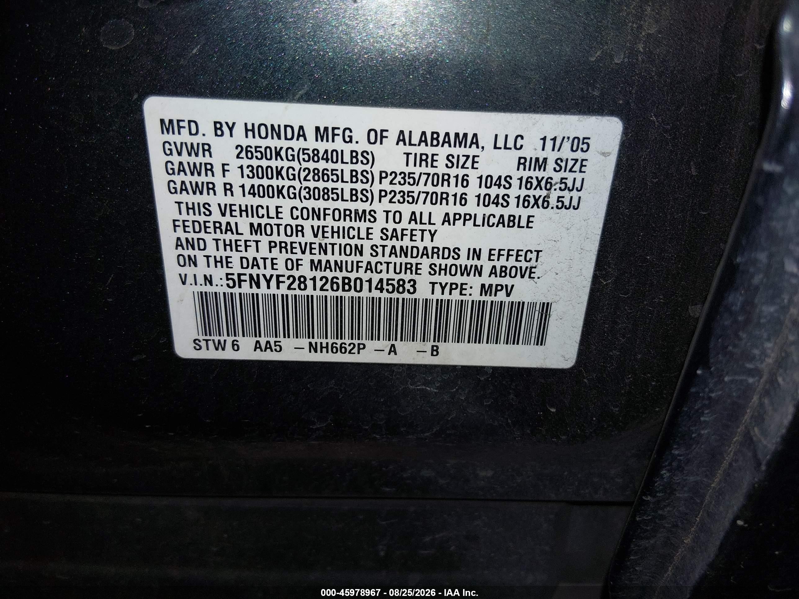 2006 Honda Pilot Lx Green vin: 5FNYF28126B014583