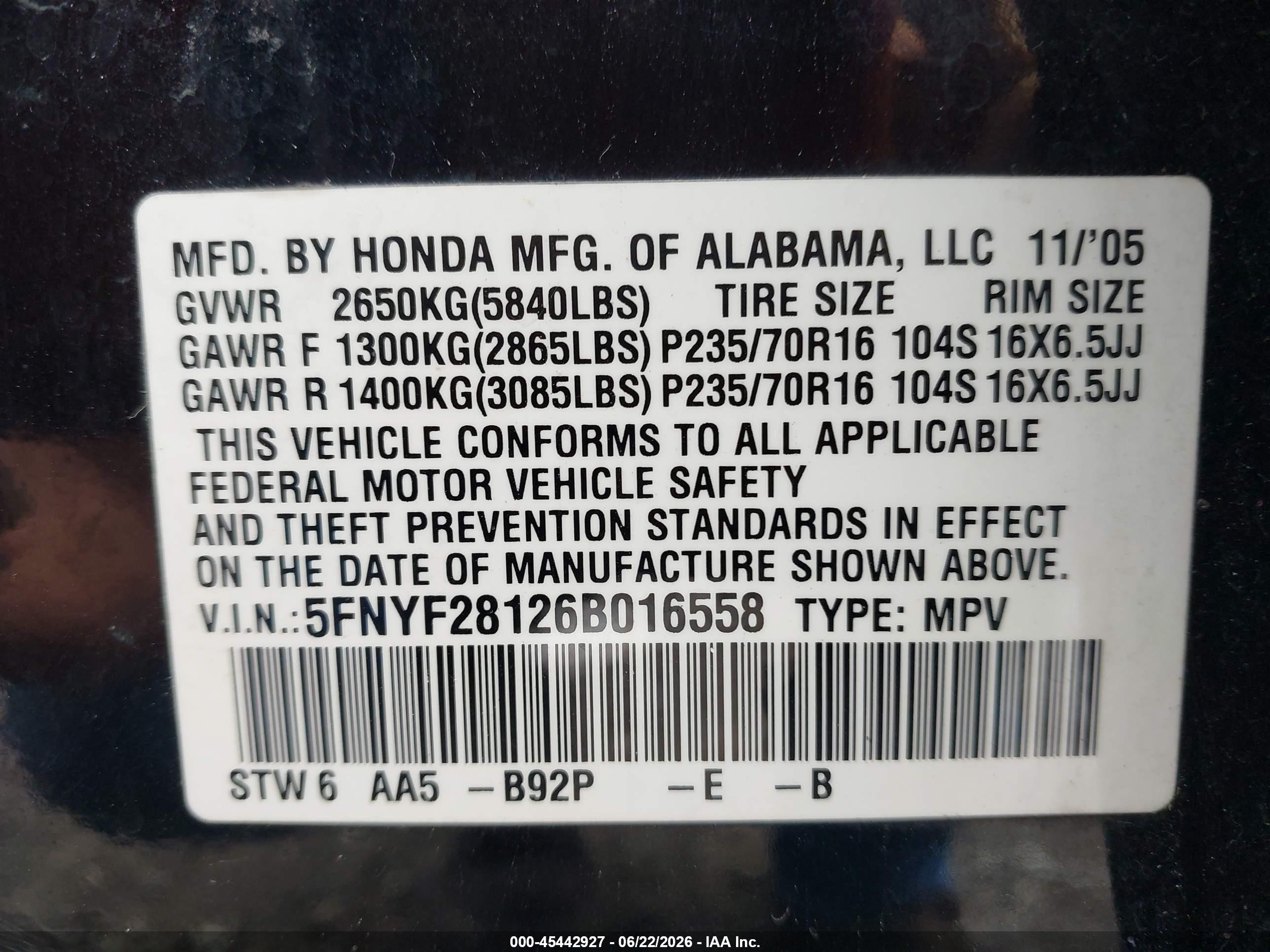 2006 Honda Pilot Lx Черный vin: 5FNYF28126B016558