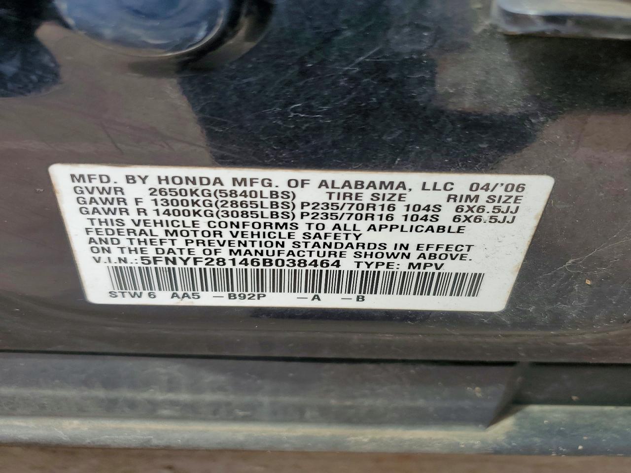 2006 Honda Pilot Lx Black vin: 5FNYF28146B038464