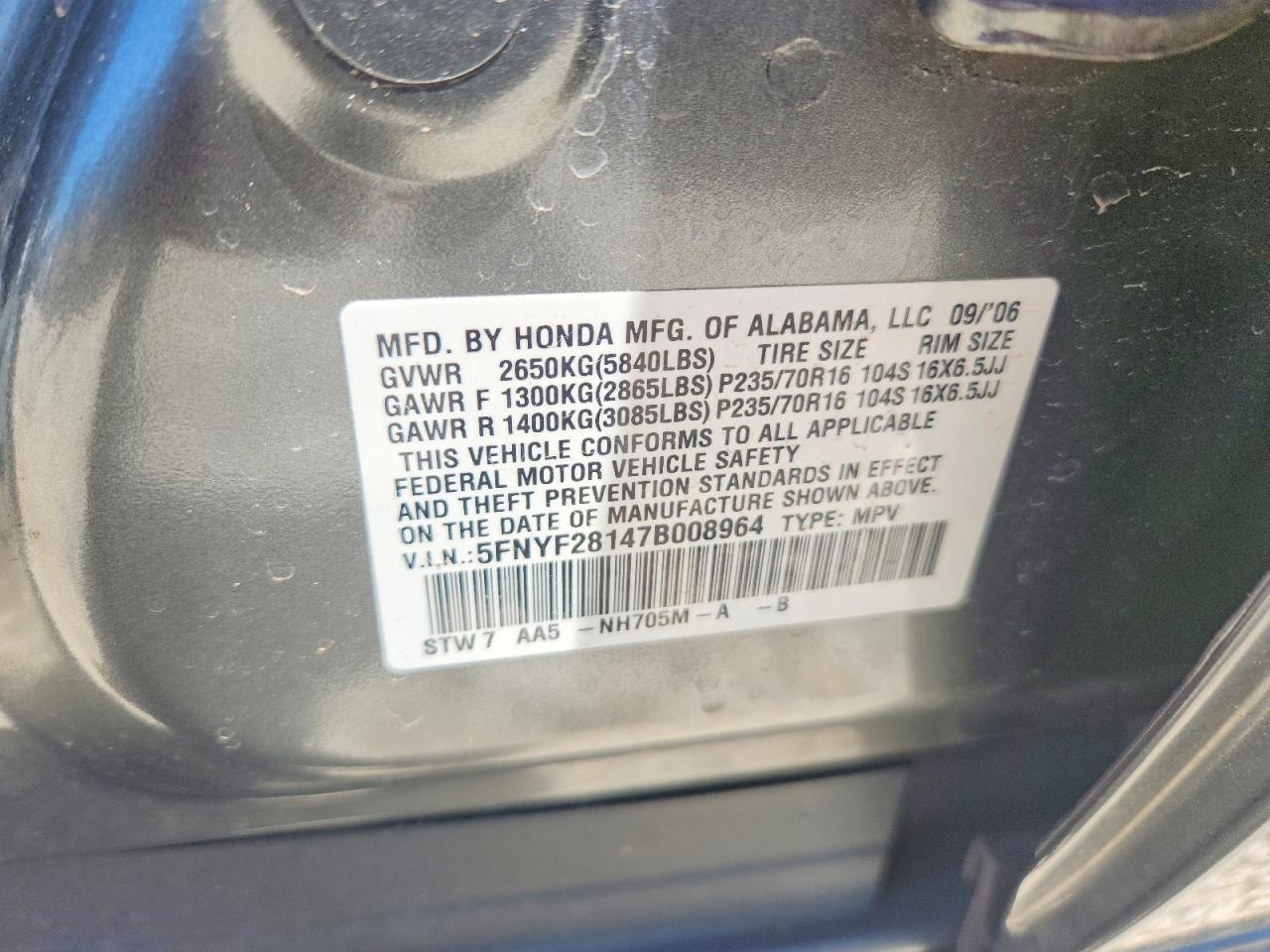 2007 Honda Pilot Lx Gray vin: 5FNYF28147B008964