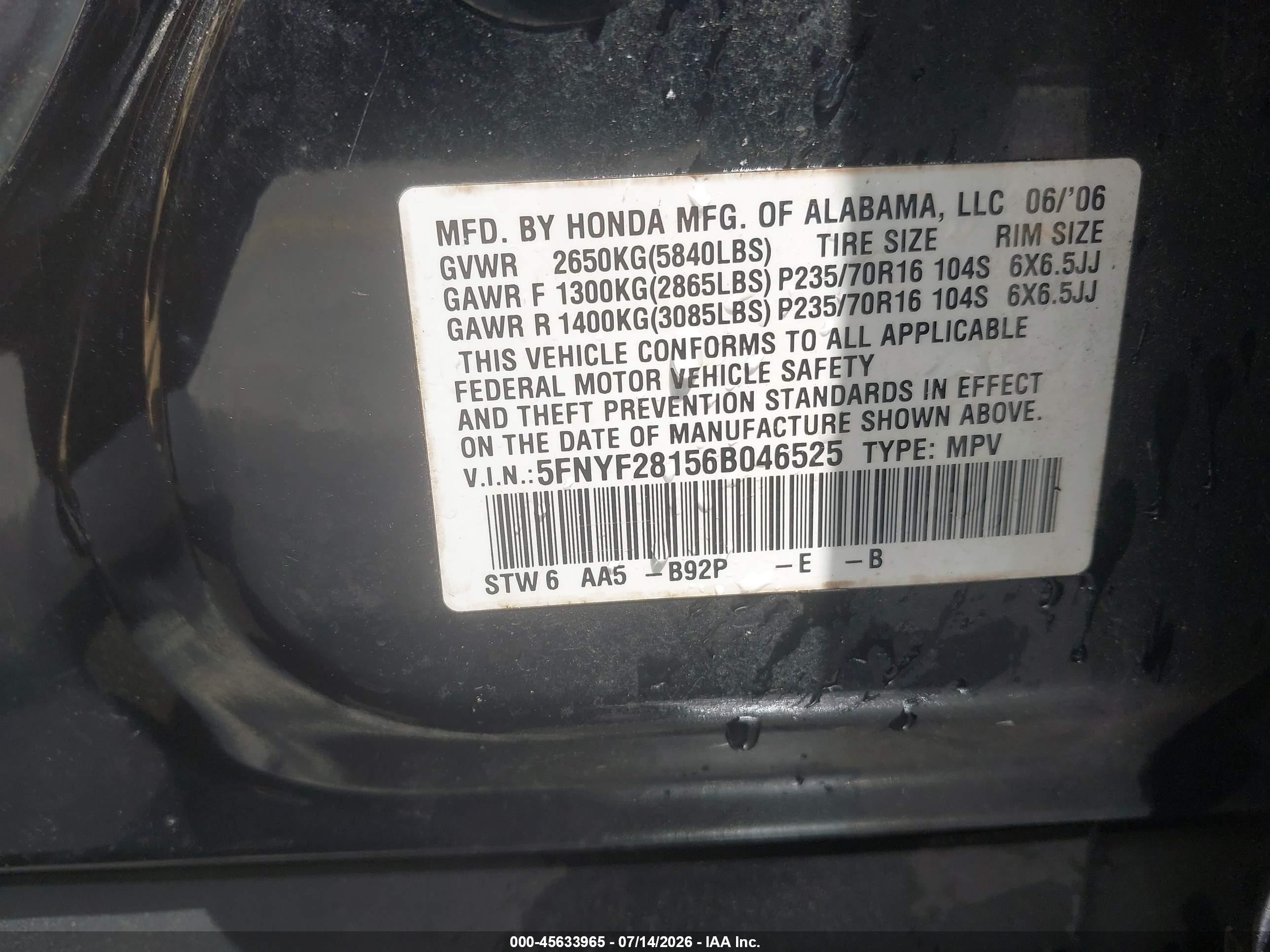 2006 Honda Pilot Lx Black vin: 5FNYF28156B046525