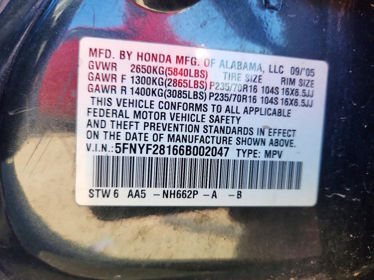 2006 Honda Pilot Lx Gray vin: 5FNYF28166B002047