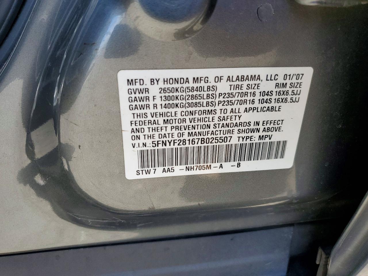2007 Honda Pilot Lx Gray vin: 5FNYF28167B025507