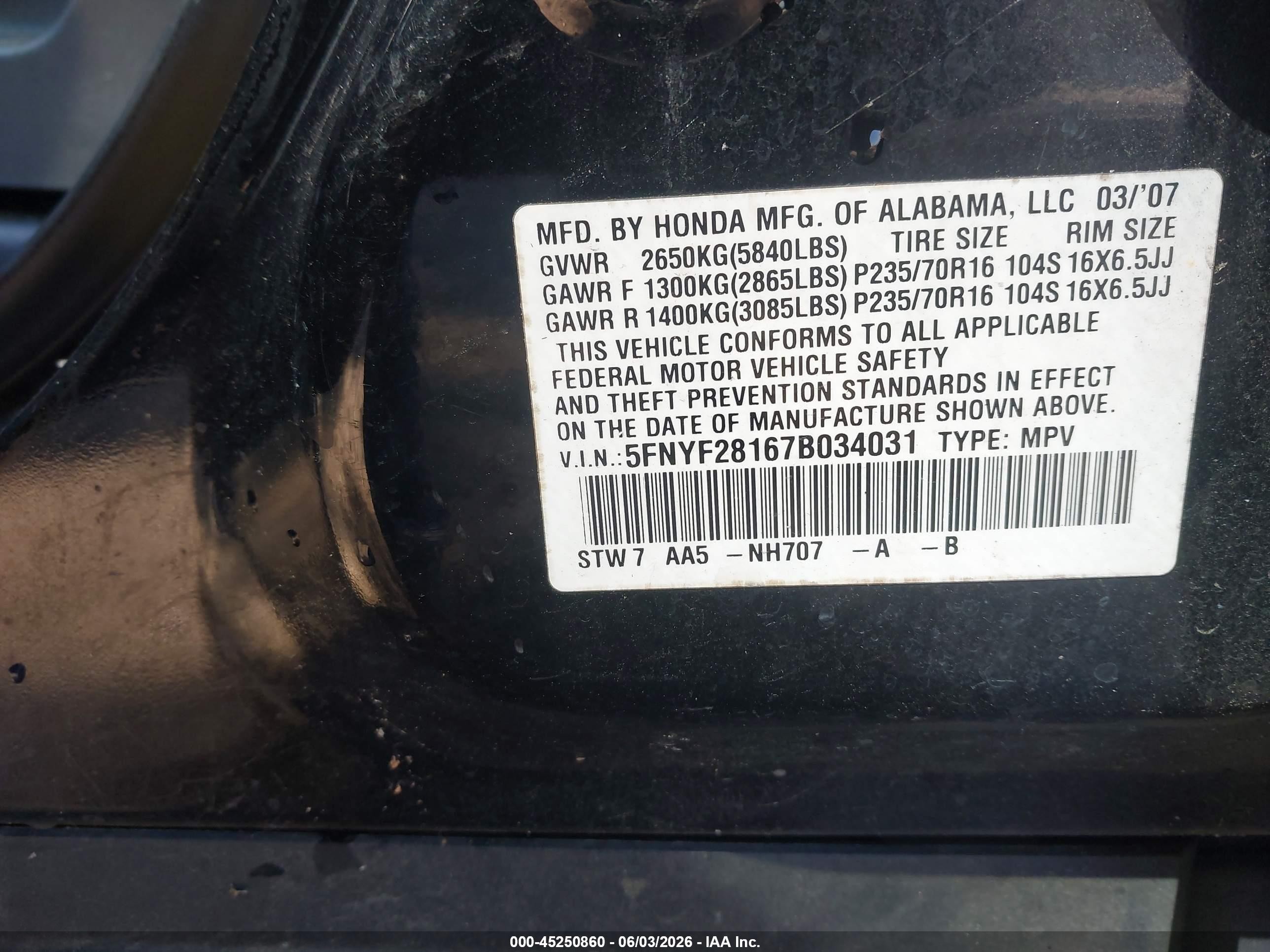 2007 Honda Pilot Lx Black vin: 5FNYF28167B034031