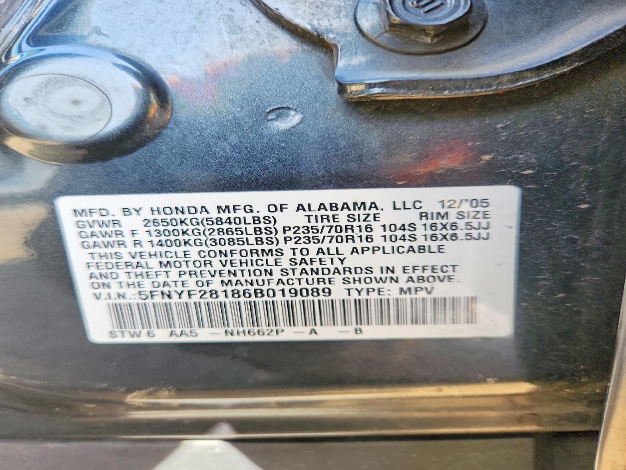 2006 Honda Pilot Lx Green vin: 5FNYF28186B019089