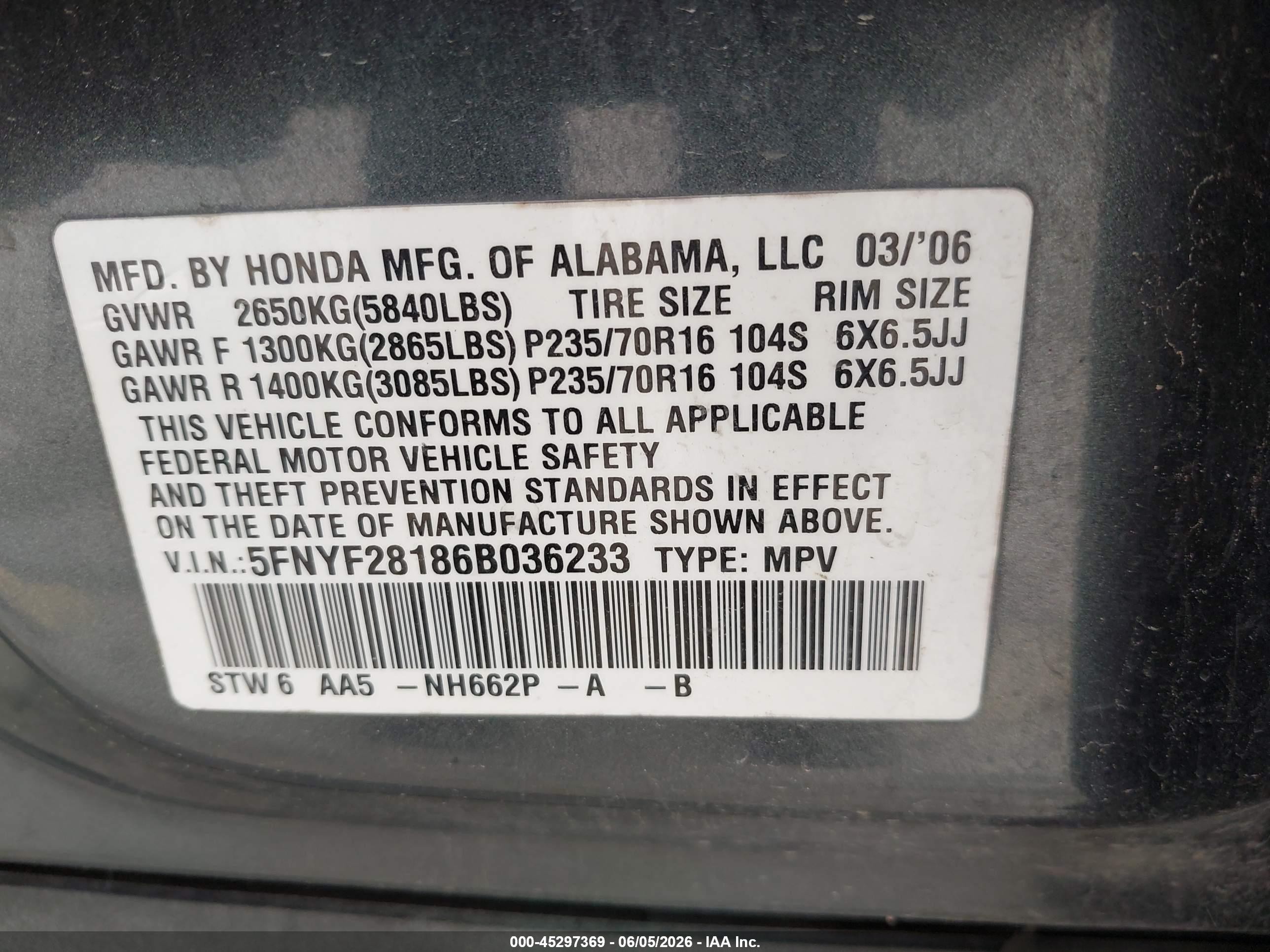 2006 Honda Pilot Lx Серый vin: 5FNYF28186B036233