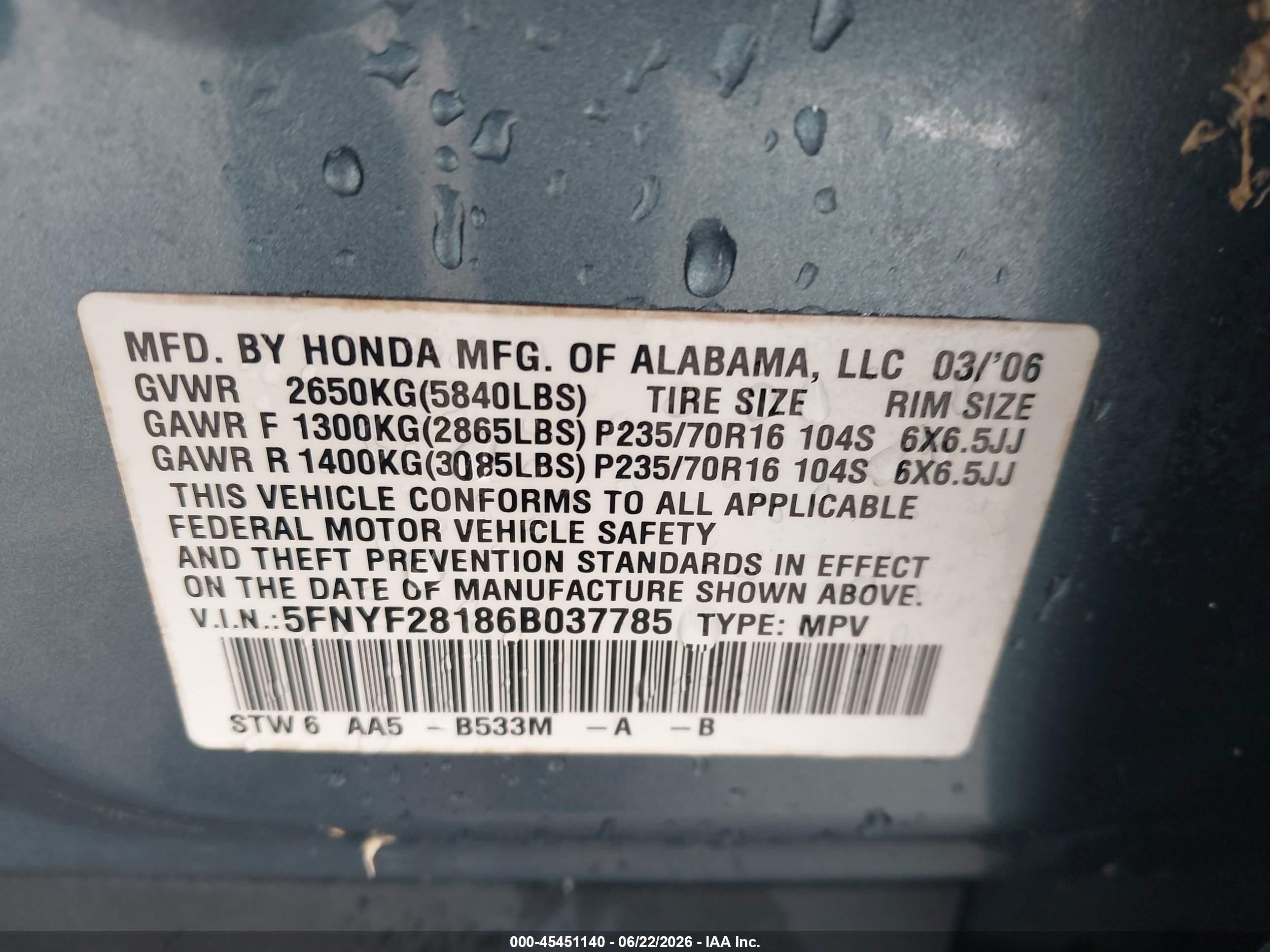 2006 Honda Pilot Lx Light Blue vin: 5FNYF28186B037785