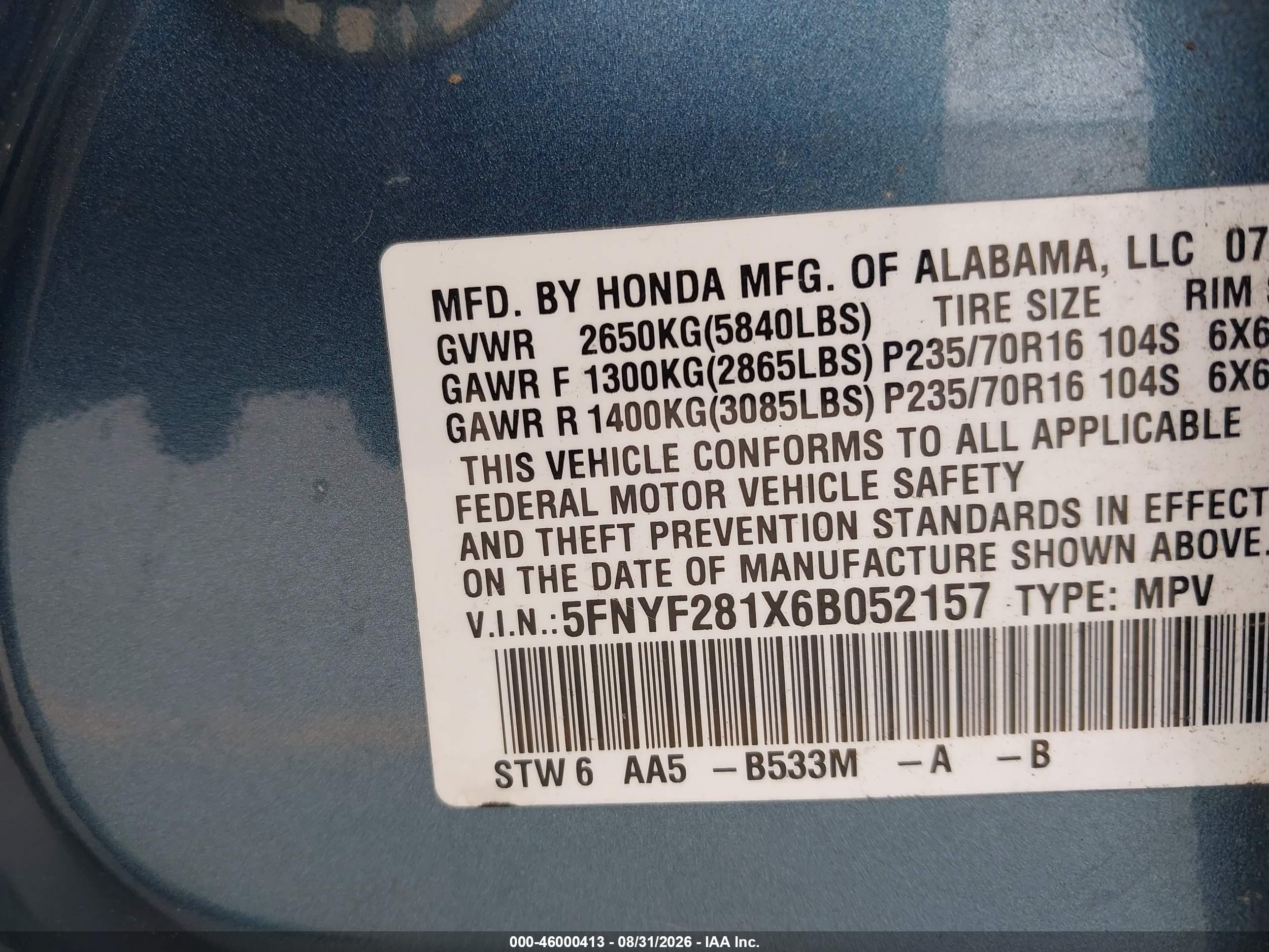 2006 Honda Pilot Lx Blue vin: 5FNYF281X6B052157
