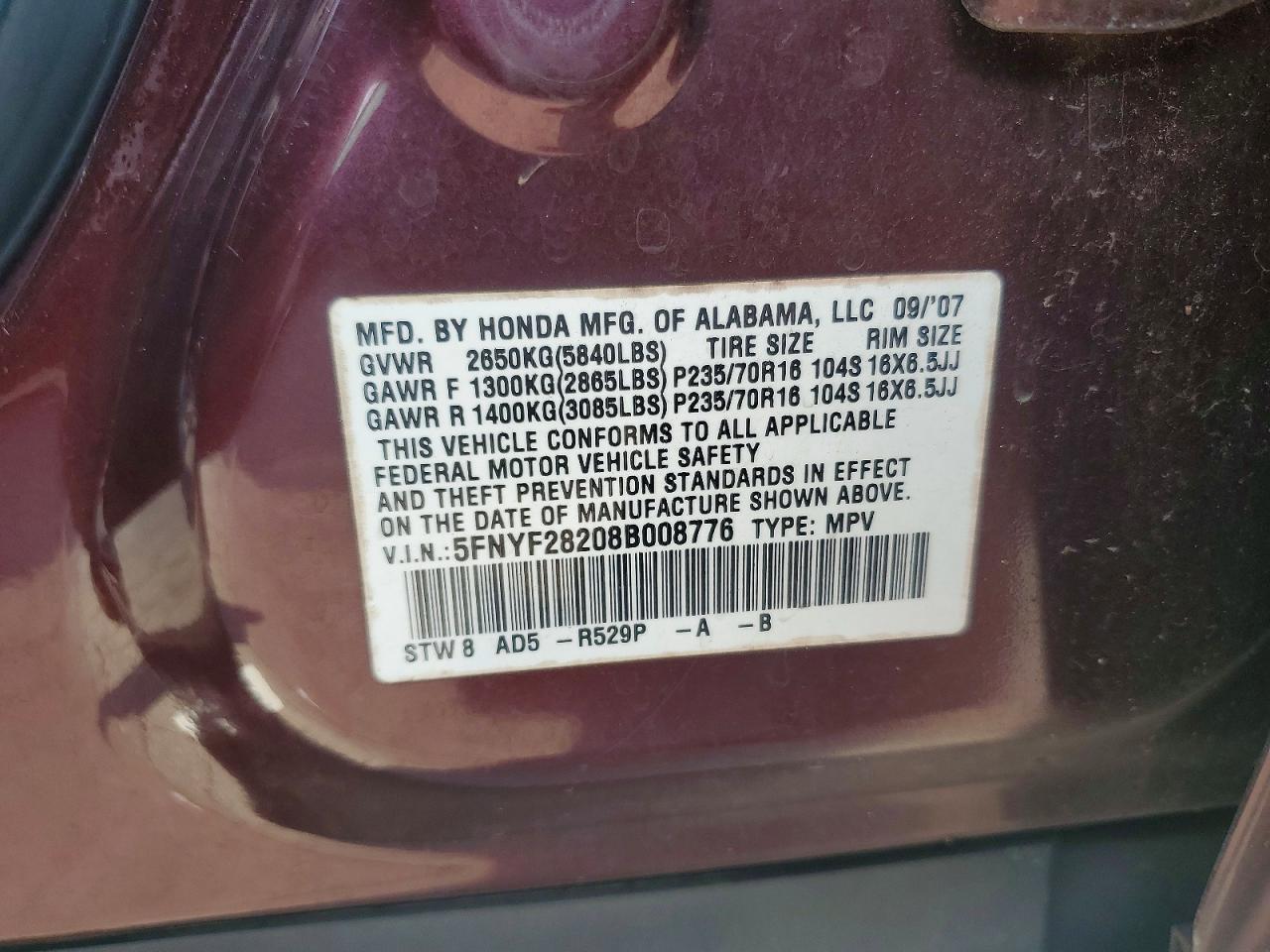 2008 Honda Pilot Vp Burgundy vin: 5FNYF28208B008776