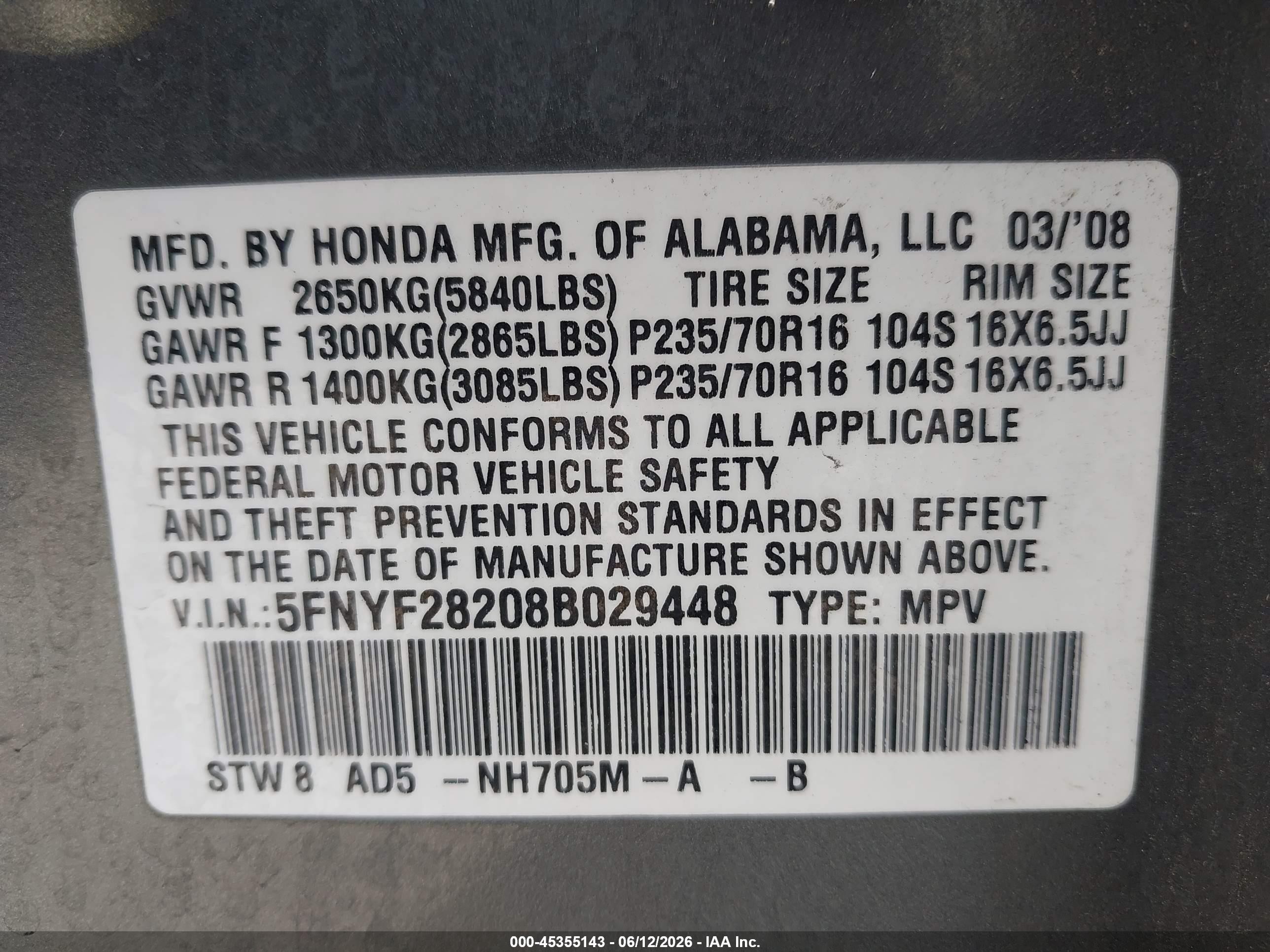 2008 Honda Pilot Vp Серый vin: 5FNYF28208B029448