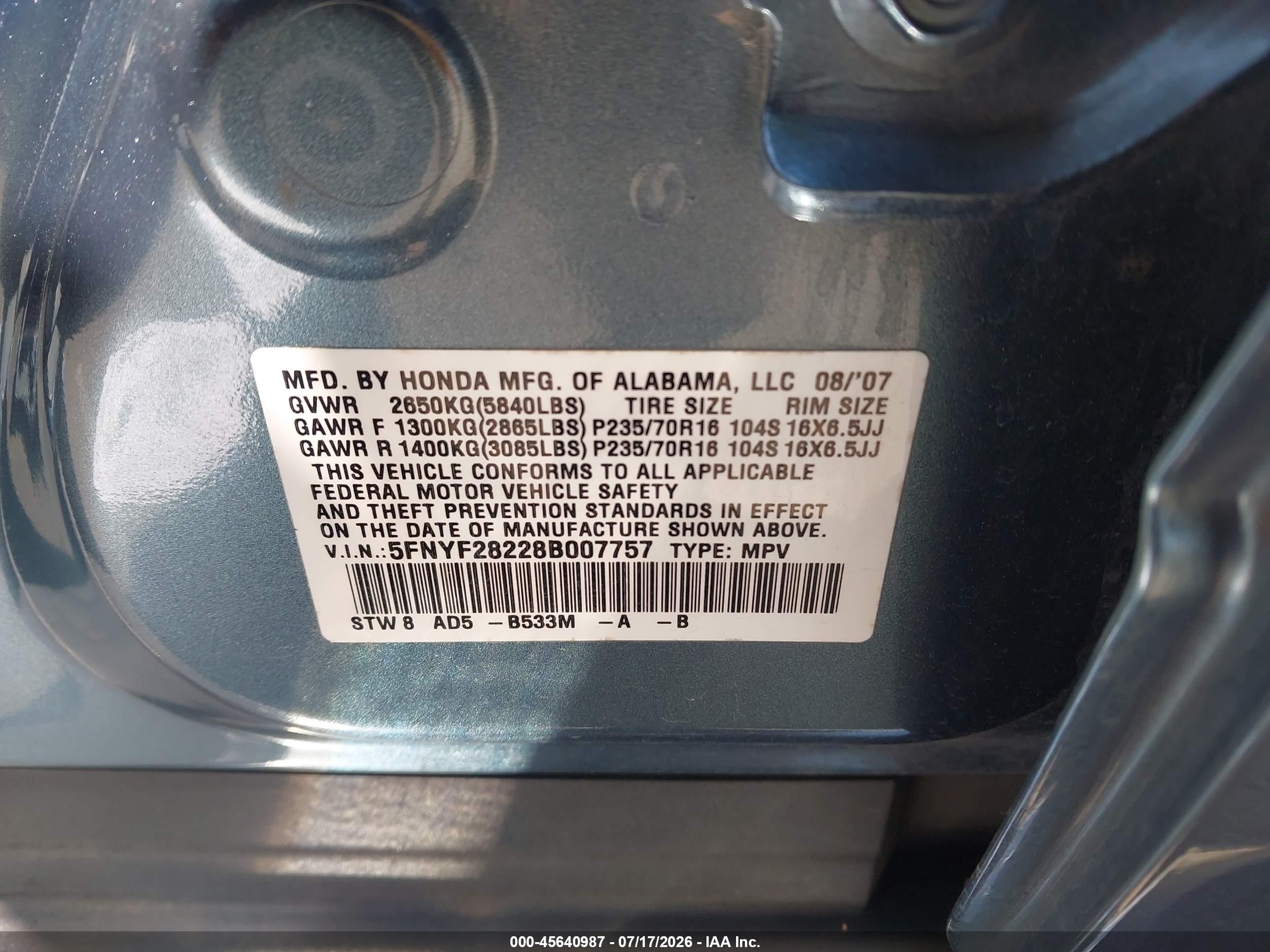 2008 Honda Pilot Vp Blue vin: 5FNYF28228B007757