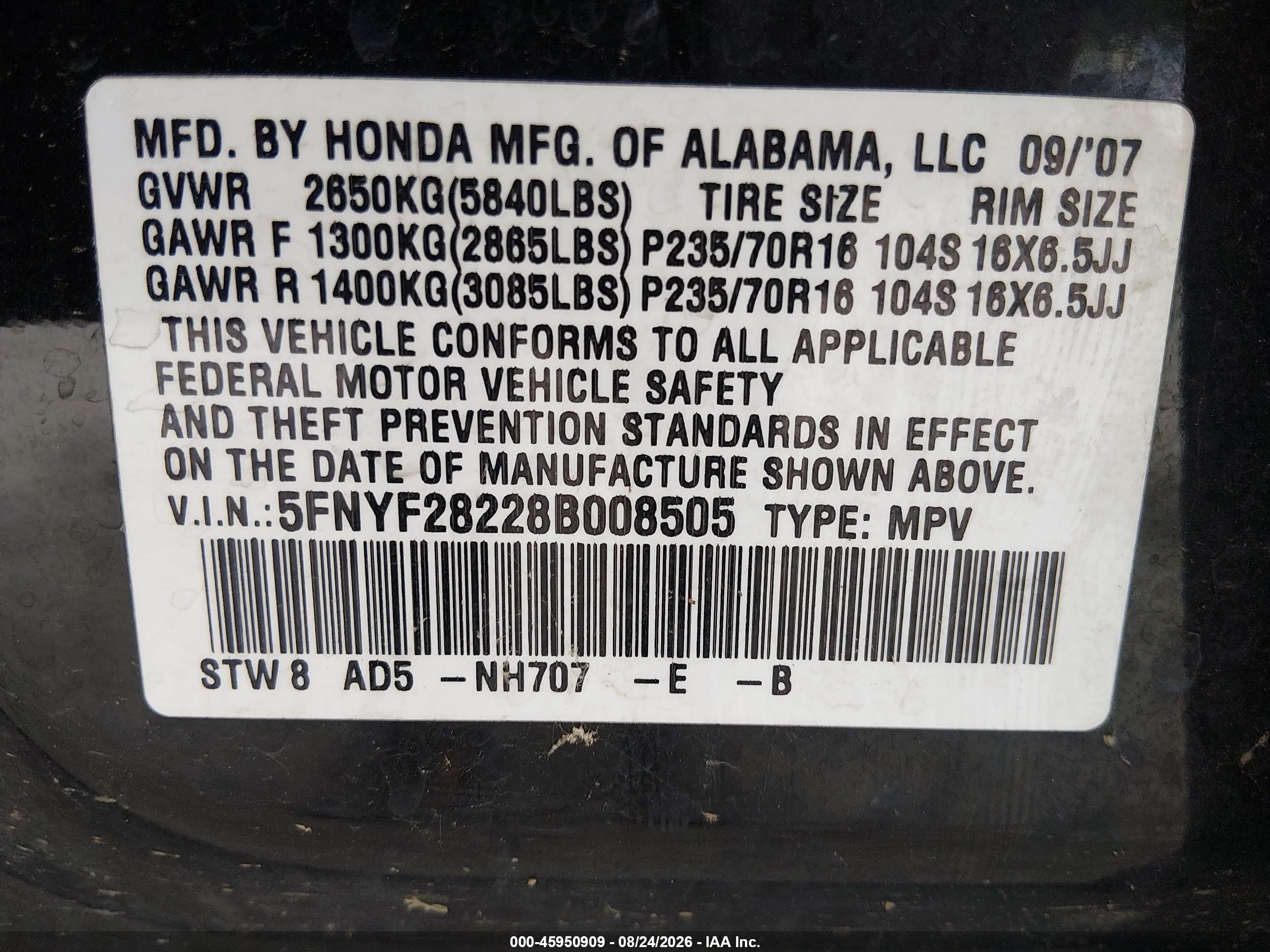 2008 Honda Pilot Vp Черный vin: 5FNYF28228B008505