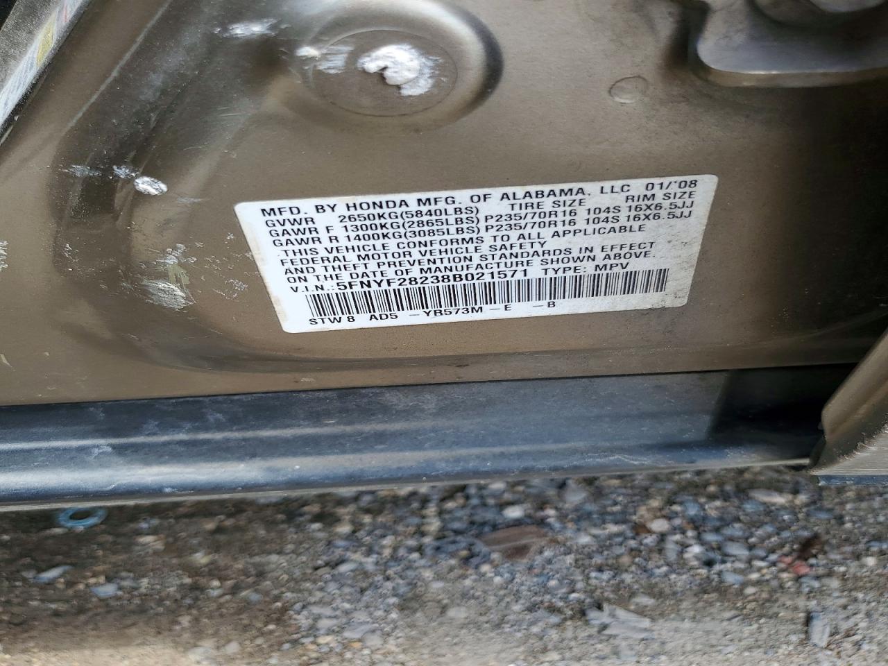 2008 Honda Pilot Vp Tan vin: 5FNYF28238B021571