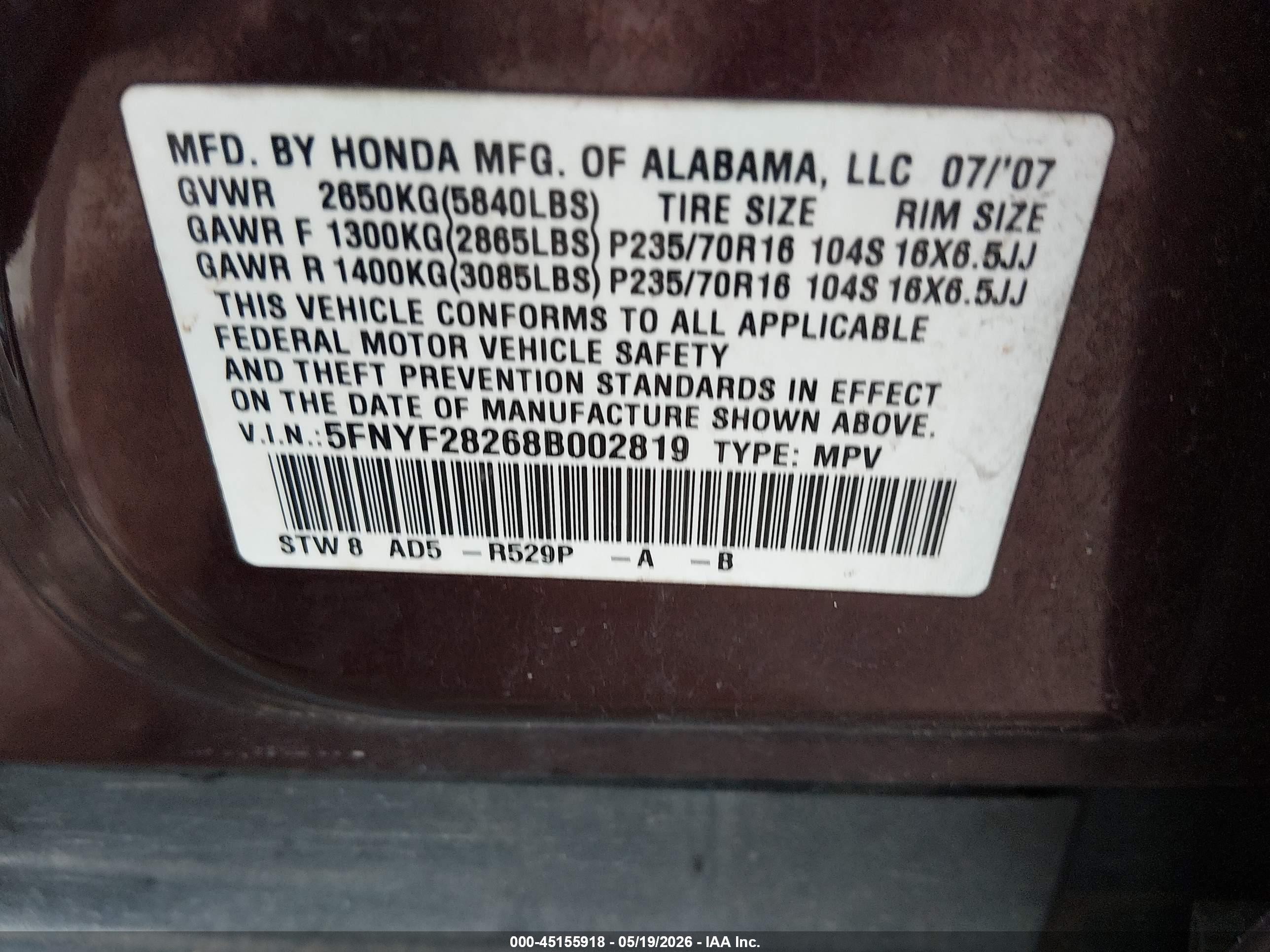2008 Honda Pilot Vp Темно-бордовый vin: 5FNYF28268B002819