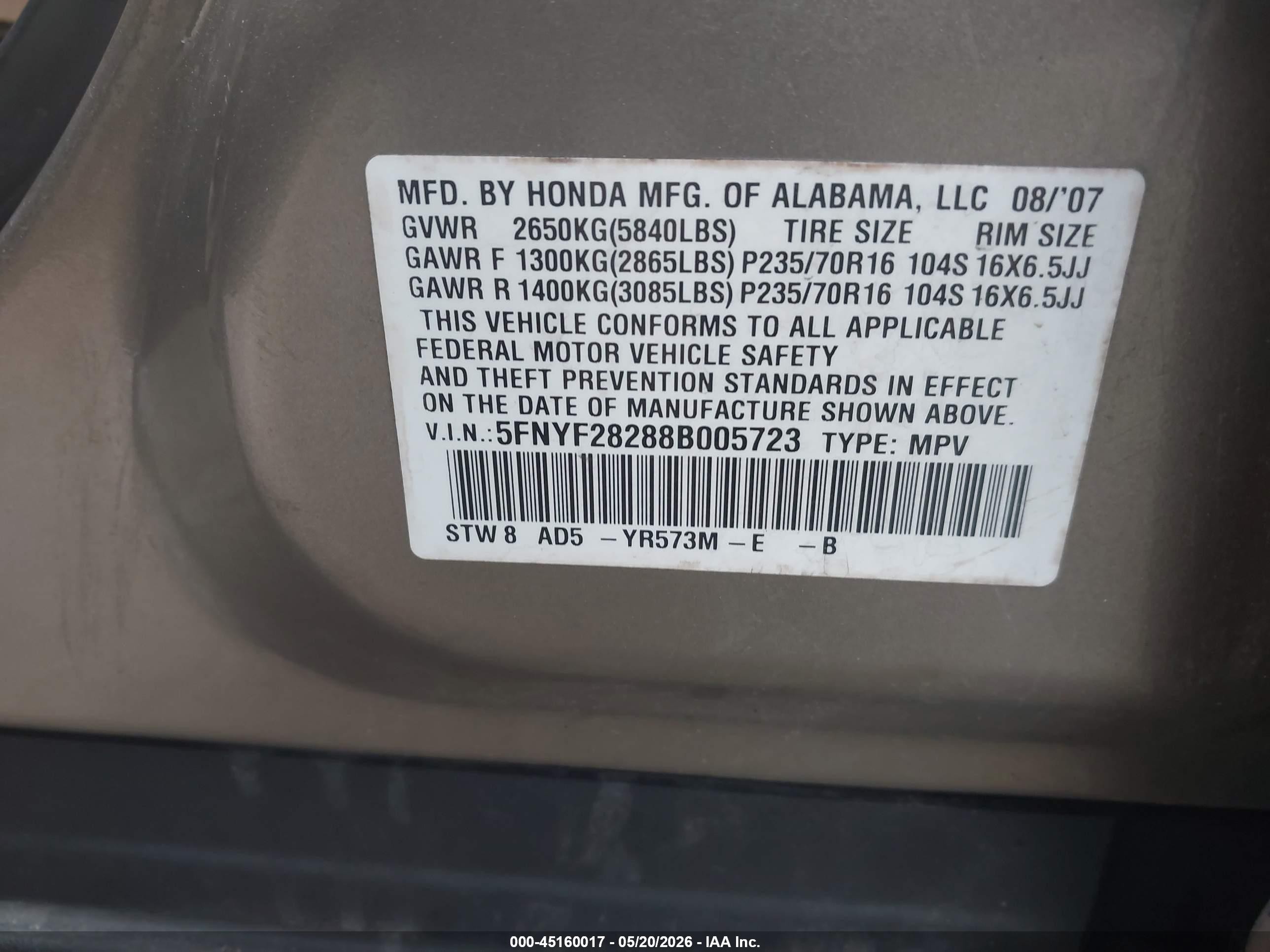 2008 Honda Pilot Vp Dark Brown vin: 5FNYF28288B005723