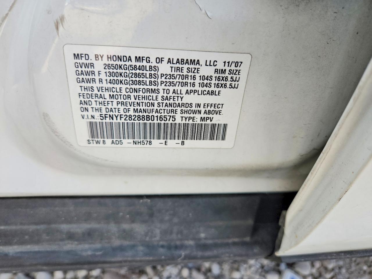 2008 Honda Pilot Vp Белый vin: 5FNYF28288B016575