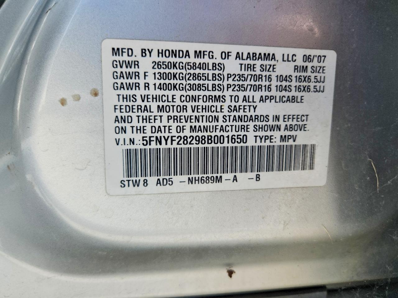 2008 Honda Pilot Vp Silver vin: 5FNYF28298B001650