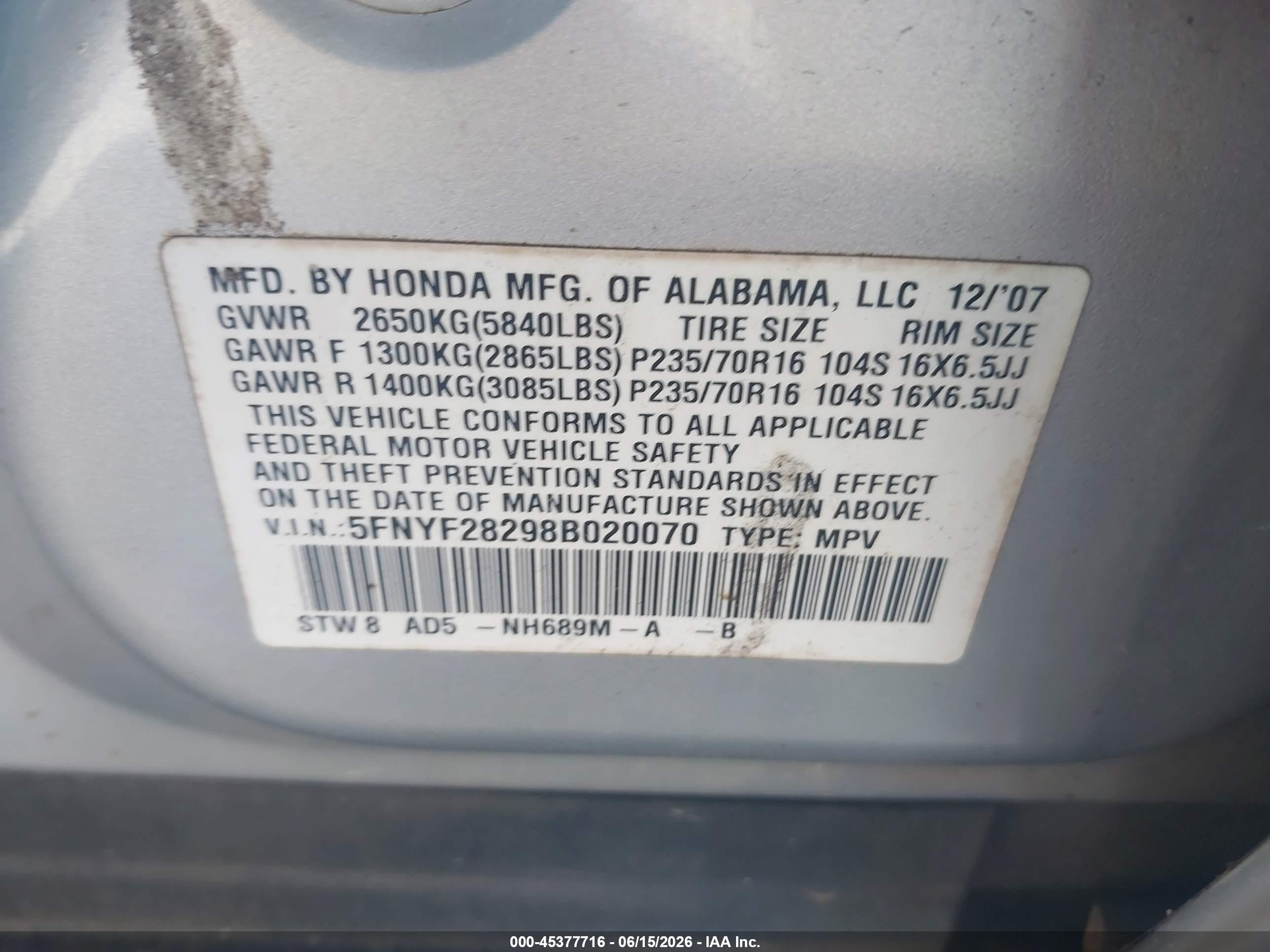 2008 Honda Pilot Vp Silver vin: 5FNYF28298B020070