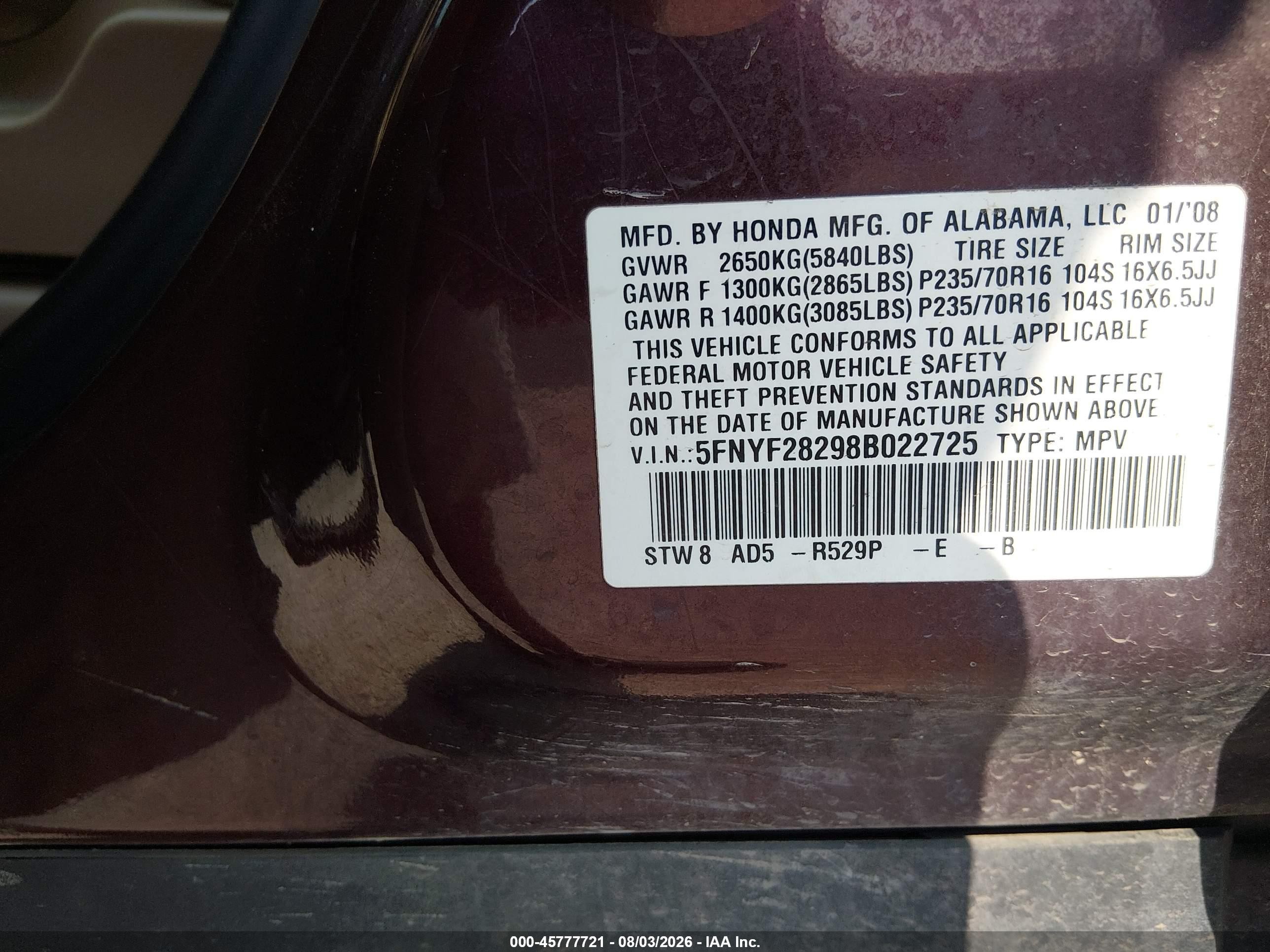 2008 Honda Pilot Vp Burgundy vin: 5FNYF28298B022725