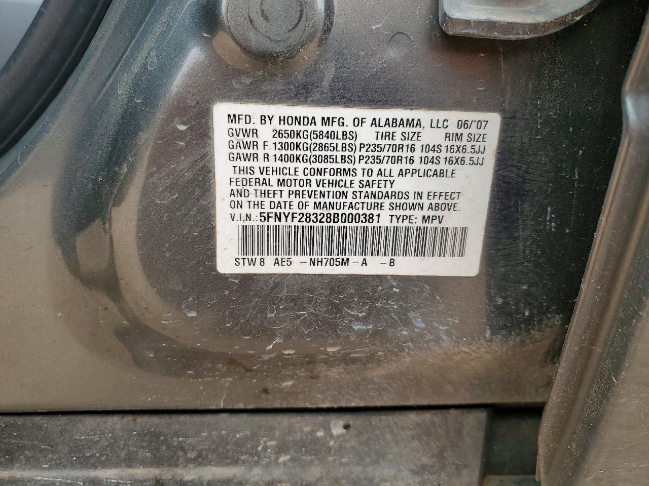 2008 Honda Pilot Se Gray vin: 5FNYF28328B000381