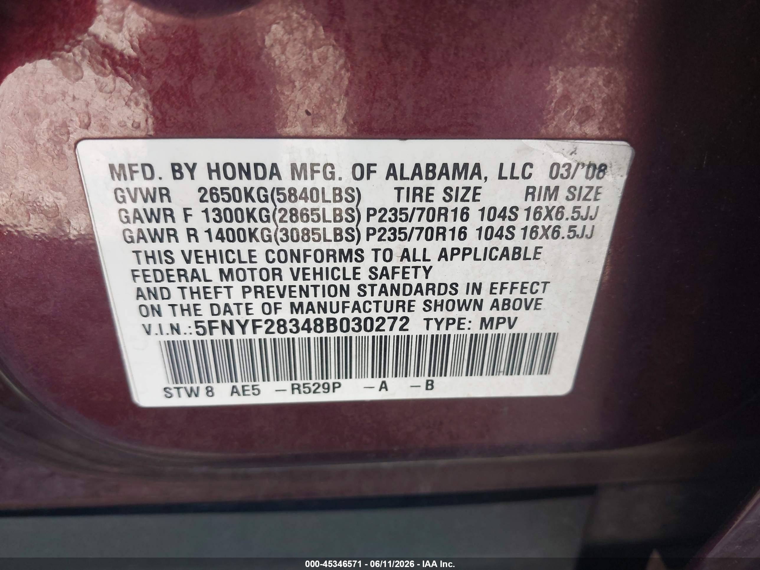 2008 Honda Pilot Se Purple vin: 5FNYF28348B030272