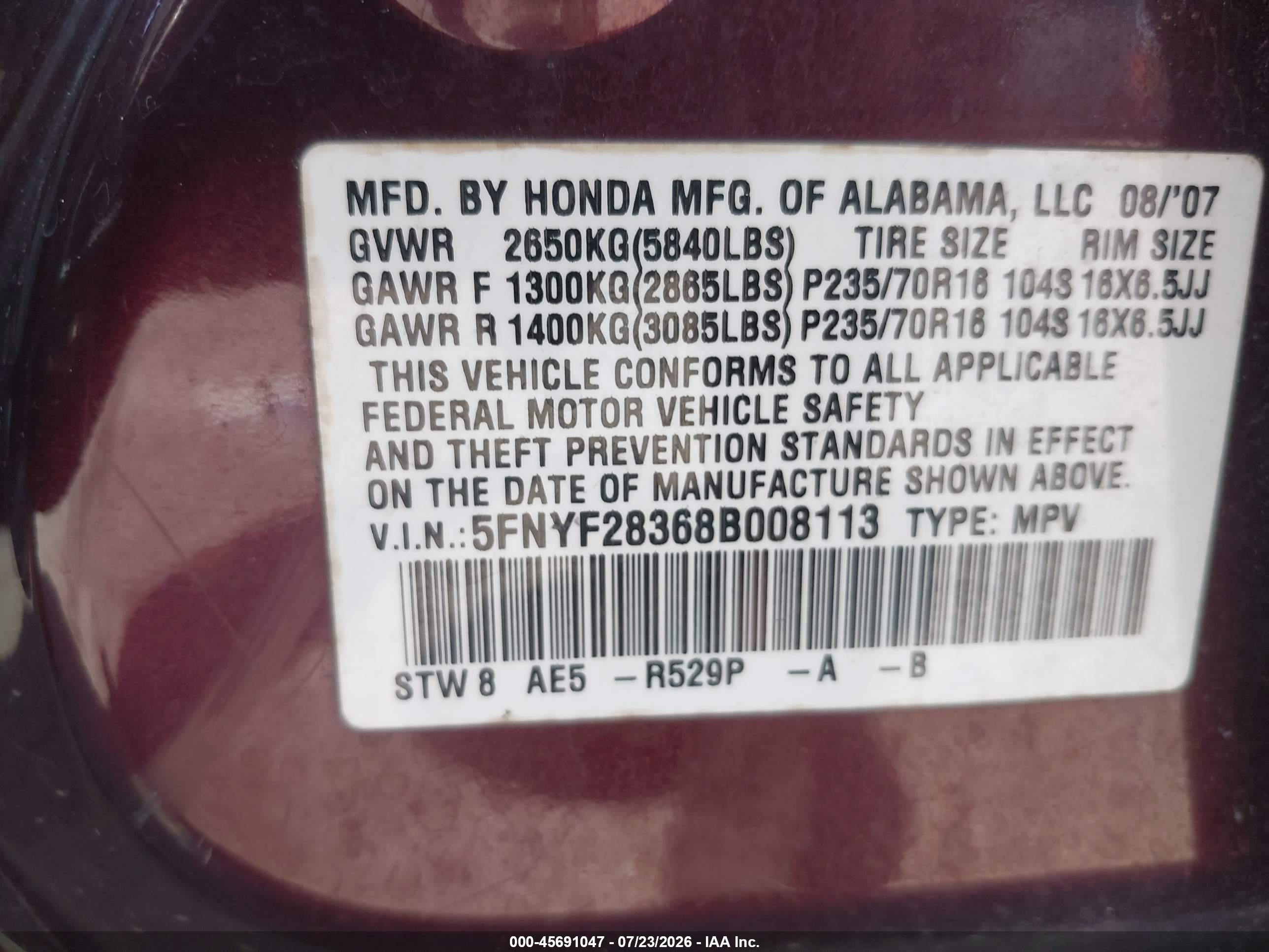2008 Honda Pilot Se Maroon vin: 5FNYF28368B008113