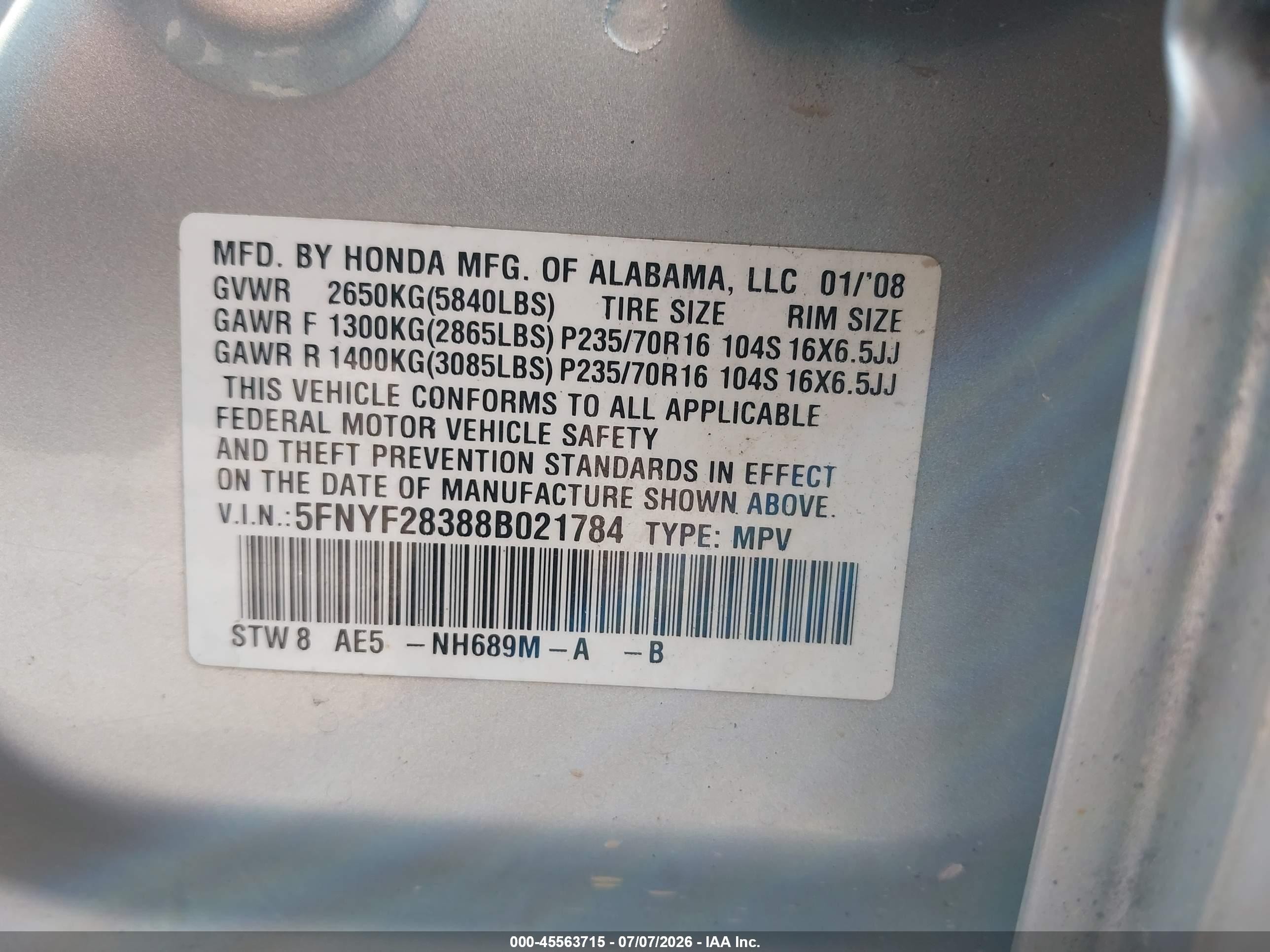 2008 Honda Pilot Se Gray vin: 5FNYF28388B021784