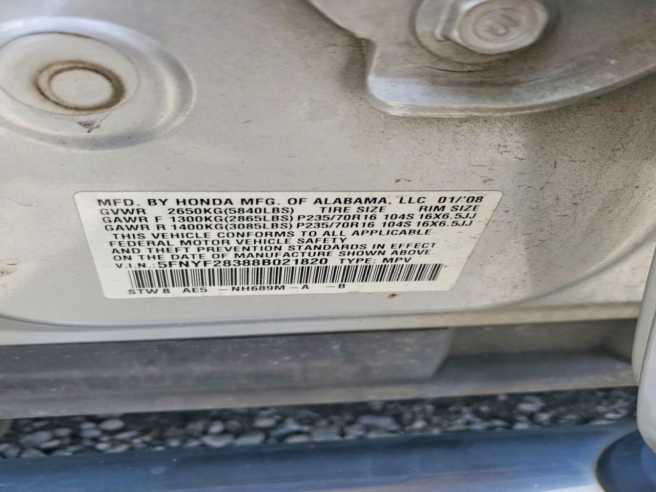 2008 Honda Pilot Se Silver vin: 5FNYF28388B021820