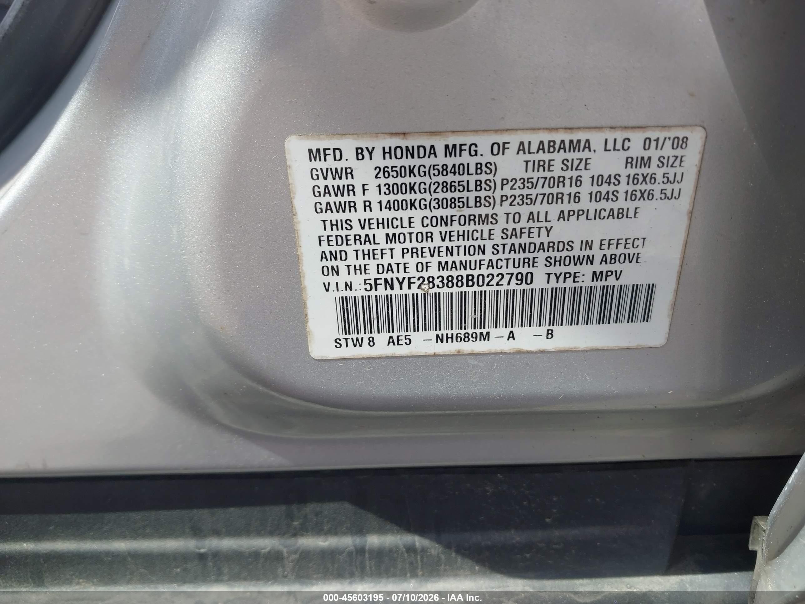 2008 Honda Pilot Se Silver vin: 5FNYF28388B022790