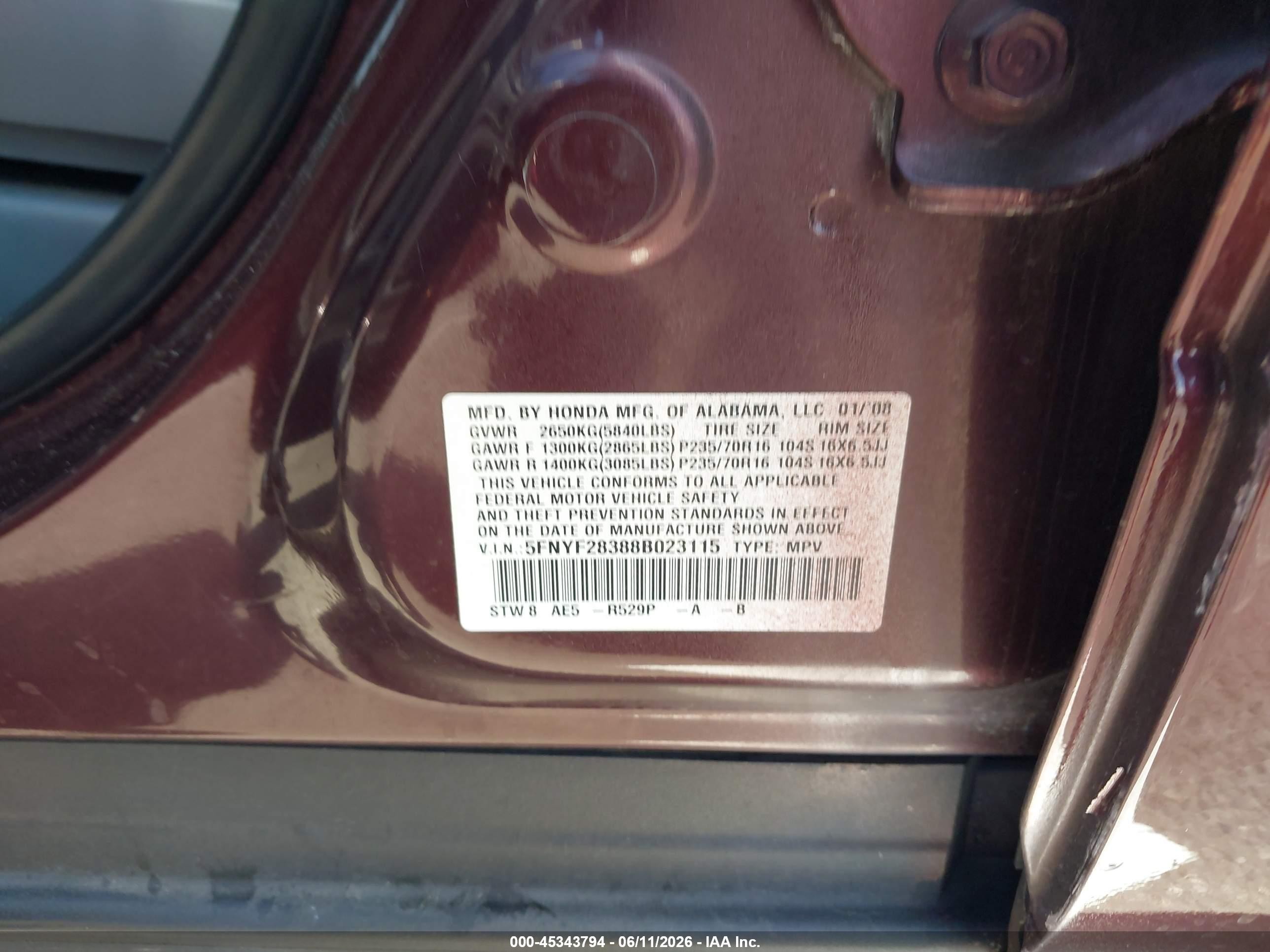 2008 Honda Pilot Se Бордовый vin: 5FNYF28388B023115