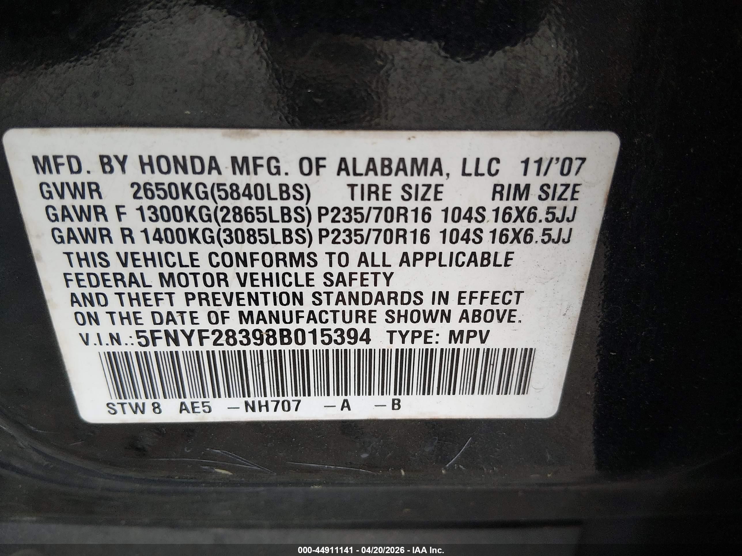 2008 Honda Pilot Se Black vin: 5FNYF28398B015394