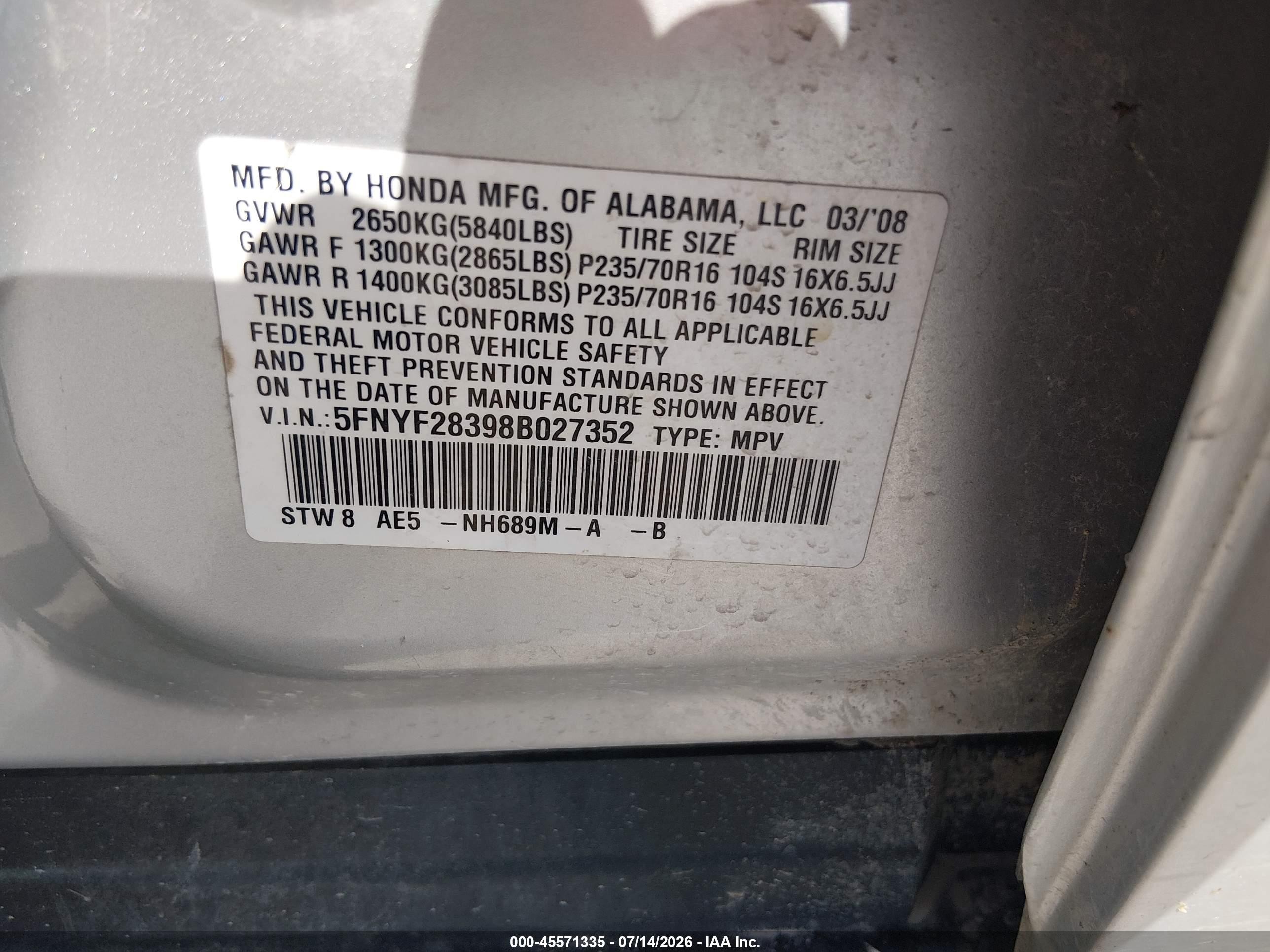 2008 Honda Pilot Se Silver vin: 5FNYF28398B027352