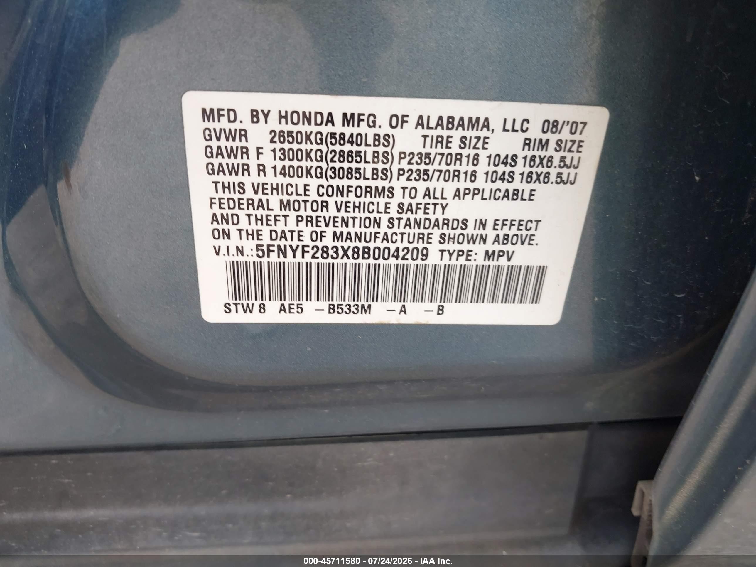 2008 Honda Pilot Se Синий vin: 5FNYF283X8B004209