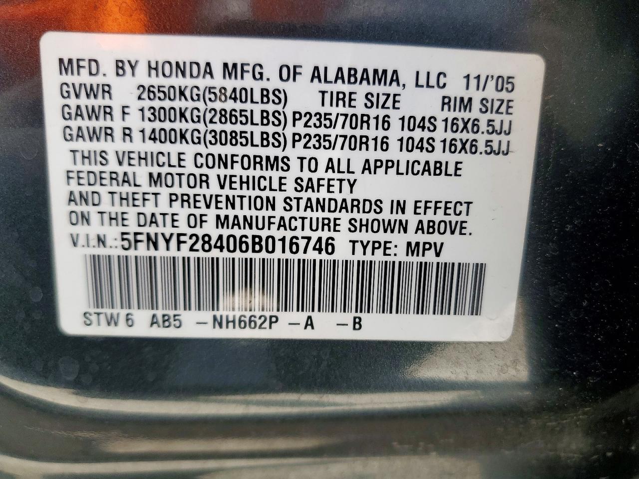 2006 Honda Pilot Ex Gray vin: 5FNYF28406B016746