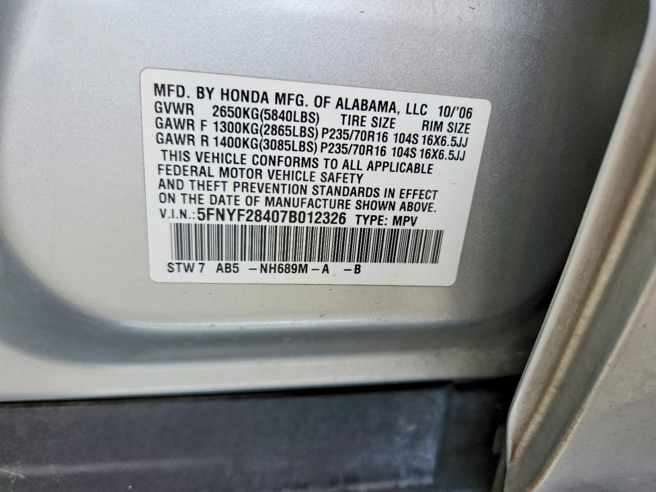 2007 Honda Pilot Ex Silver vin: 5FNYF28407B012326
