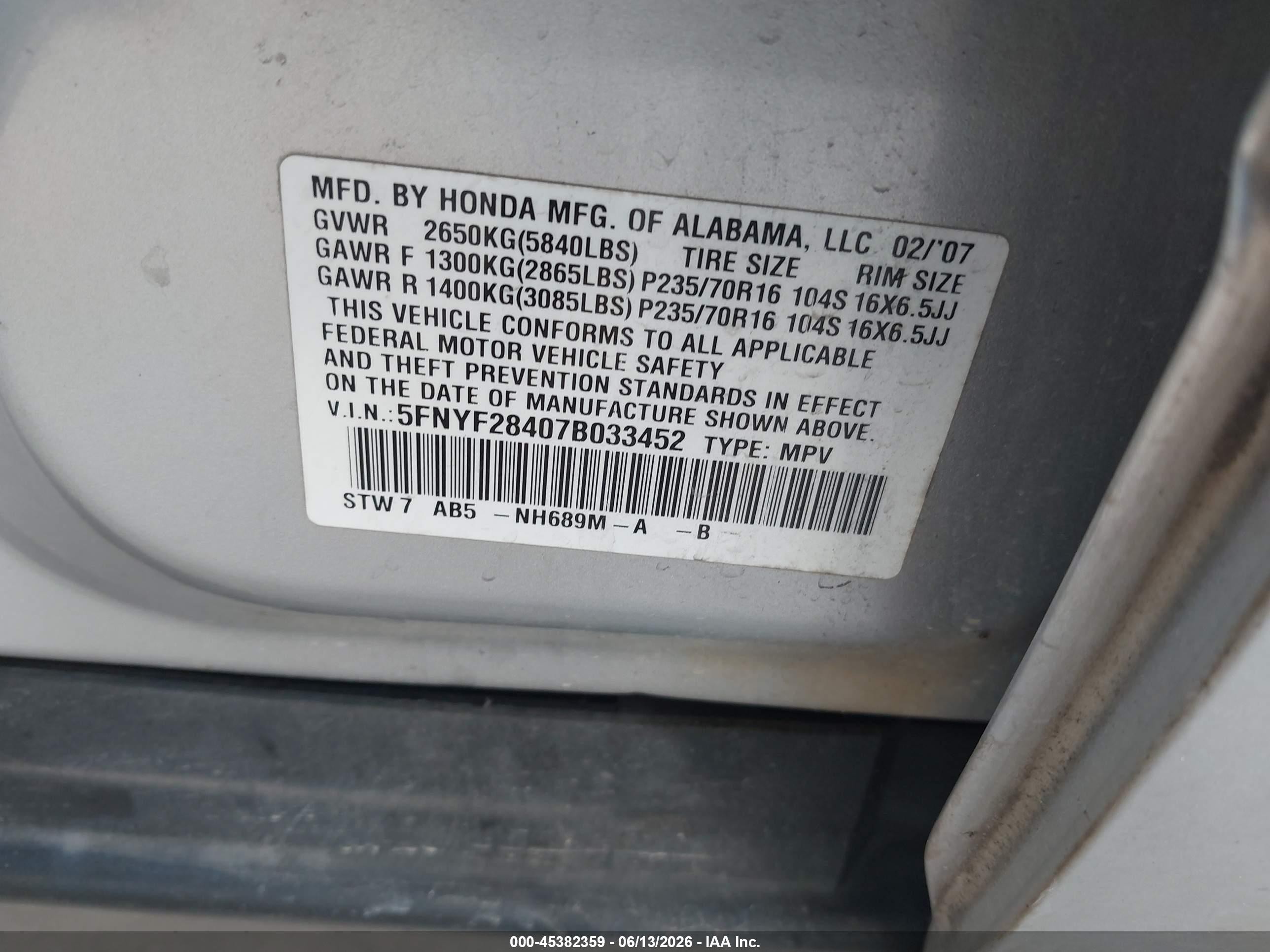 2007 Honda Pilot Ex Silver vin: 5FNYF28407B033452