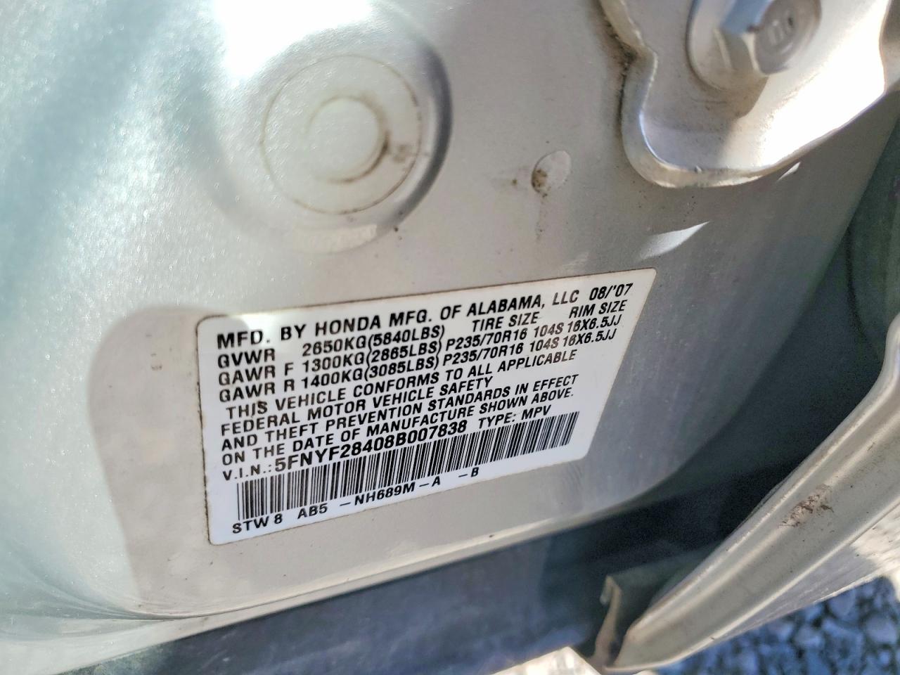 2008 Honda Pilot Ex Silver vin: 5FNYF28408B007838