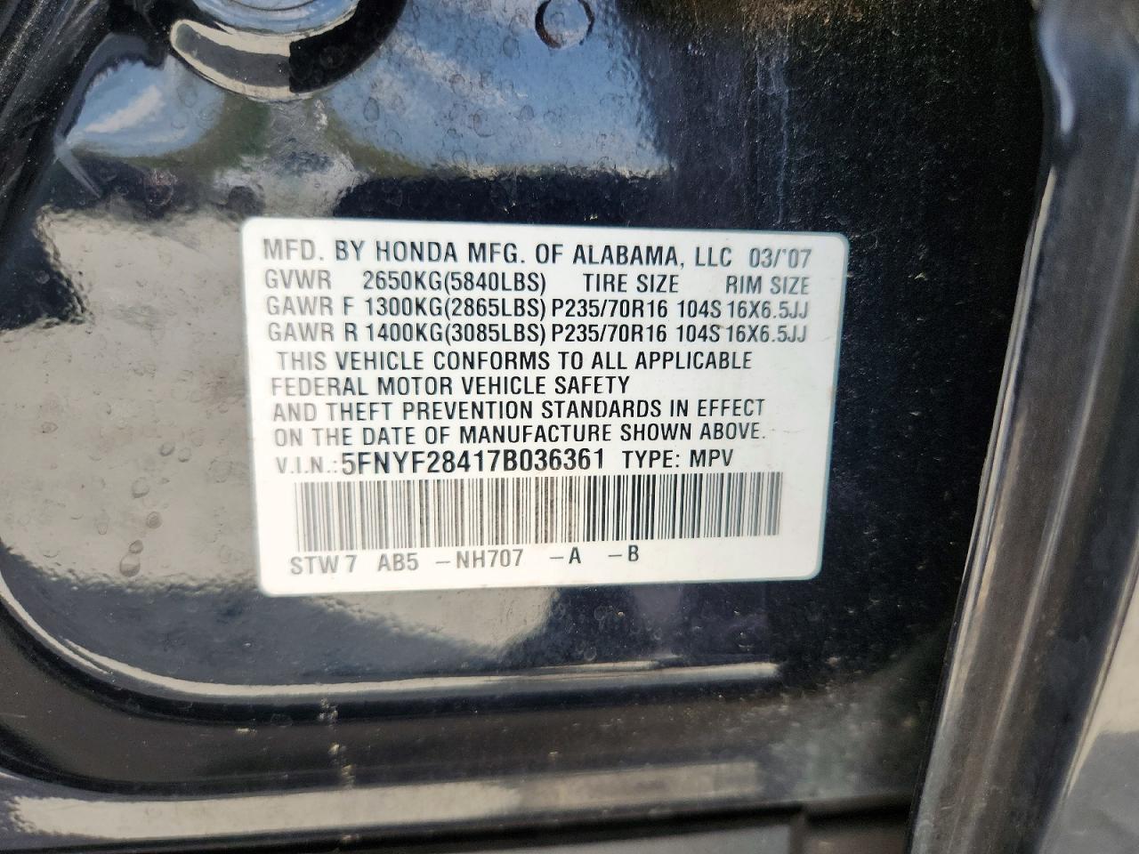 2007 Honda Pilot Ex Black vin: 5FNYF28417B036361