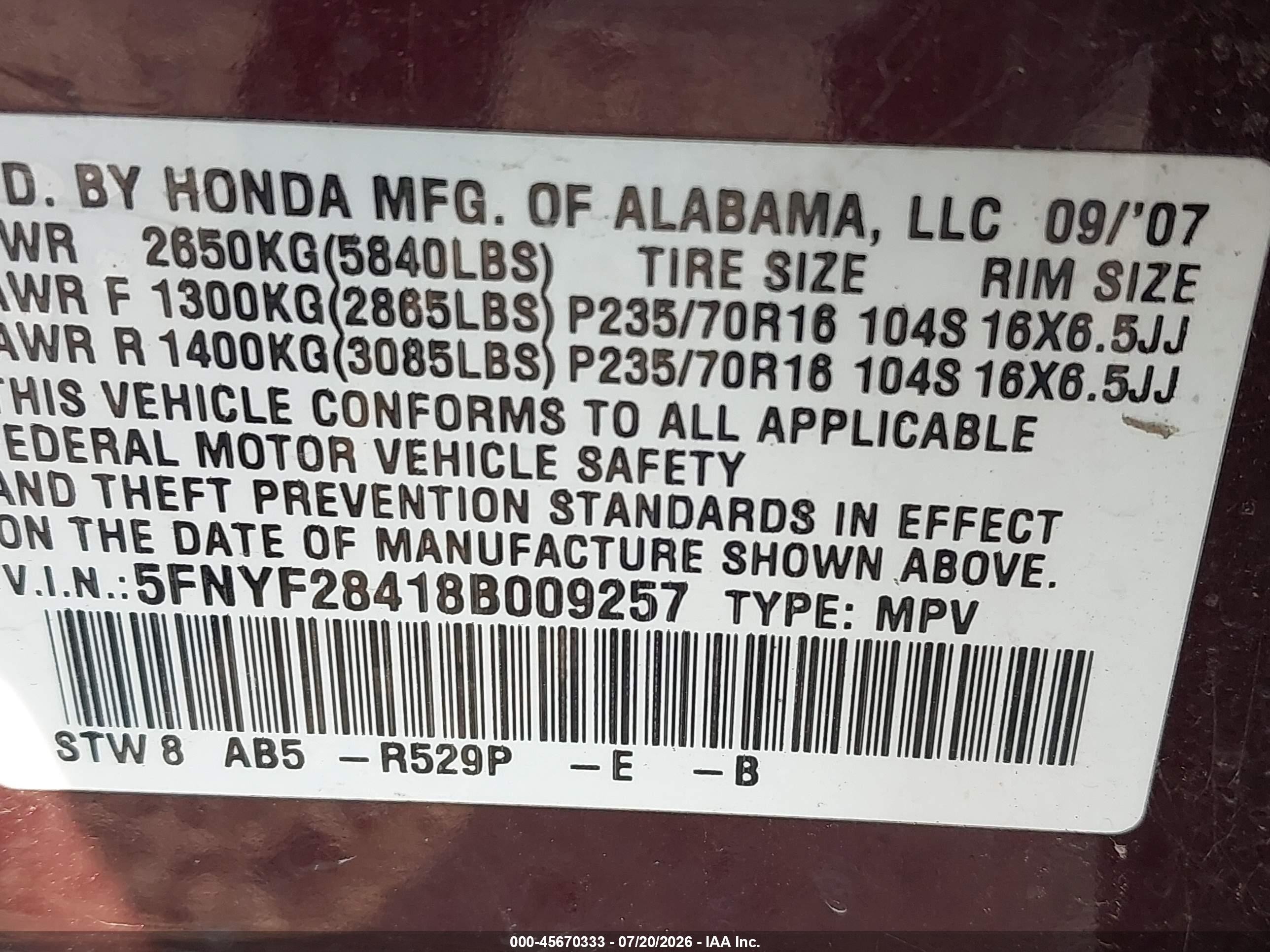 2008 Honda Pilot Ex Red vin: 5FNYF28418B009257