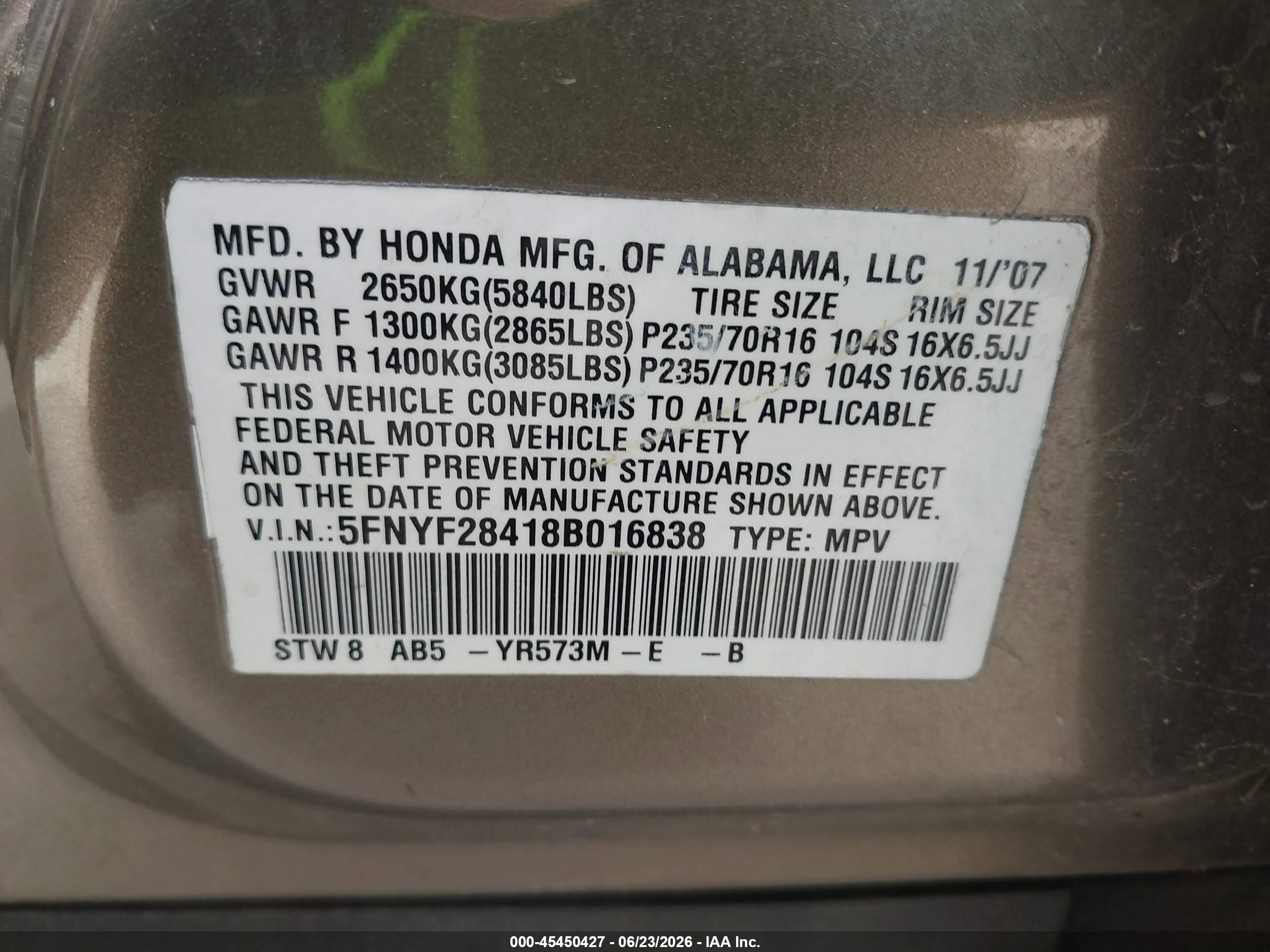 2008 Honda Pilot Ex Gold vin: 5FNYF28418B016838