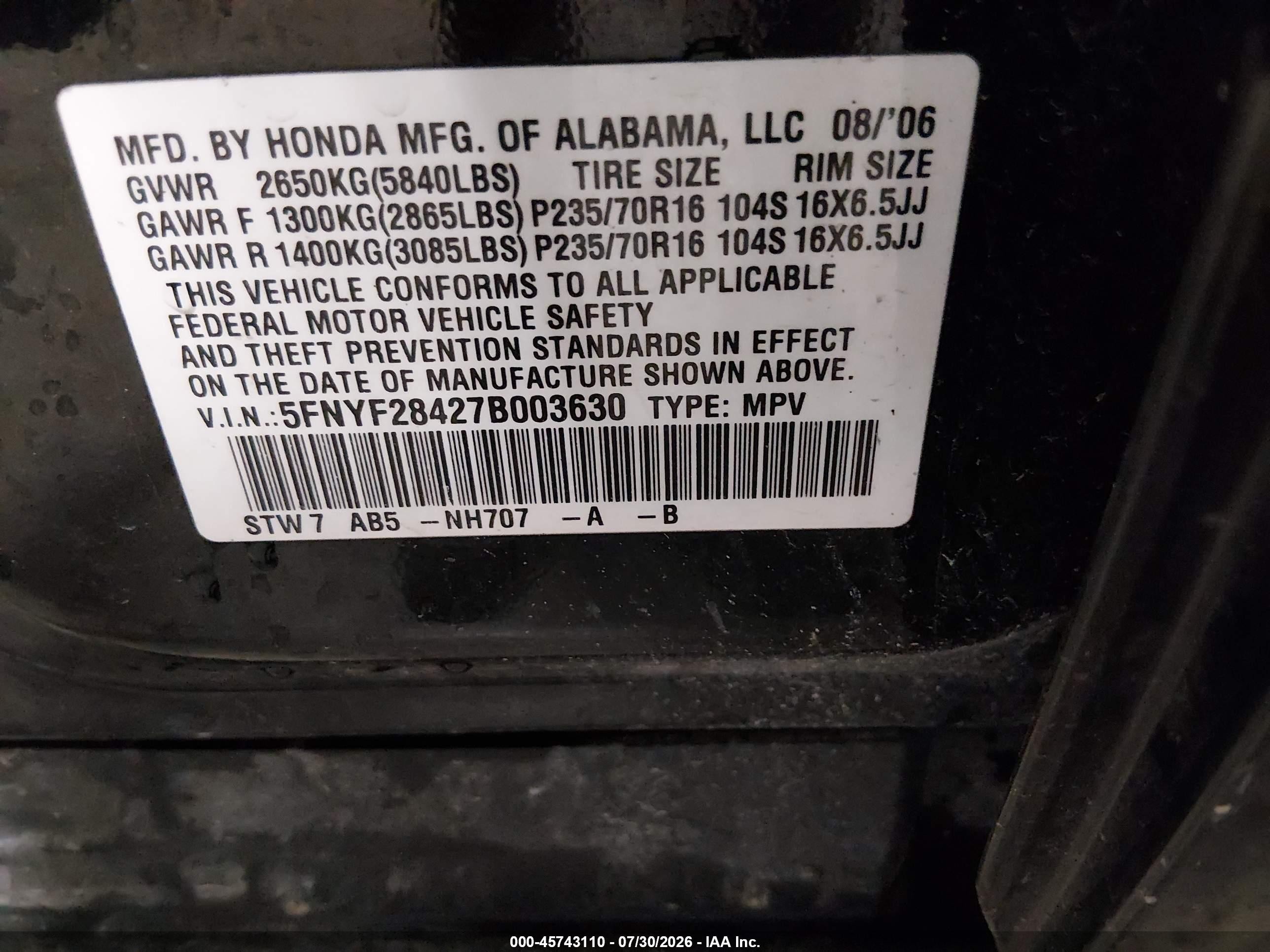 2007 Honda Pilot Ex Black vin: 5FNYF28427B003630