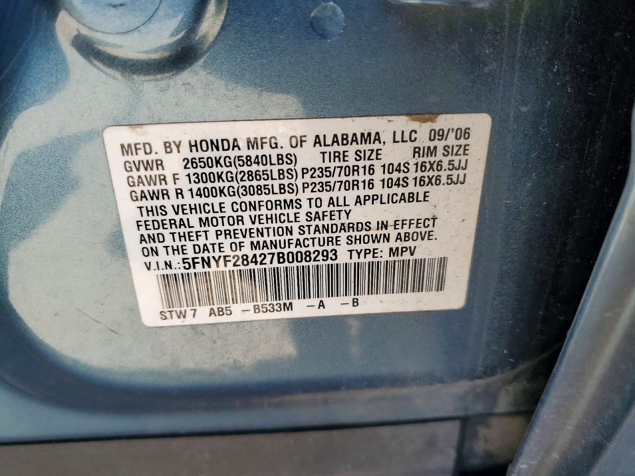 2007 Honda Pilot Ex Blue vin: 5FNYF28427B008293