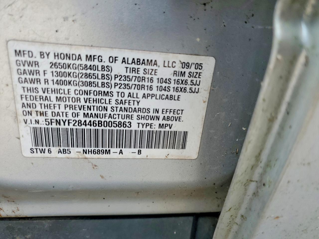 2006 Honda Pilot Ex Silver vin: 5FNYF28446B005863