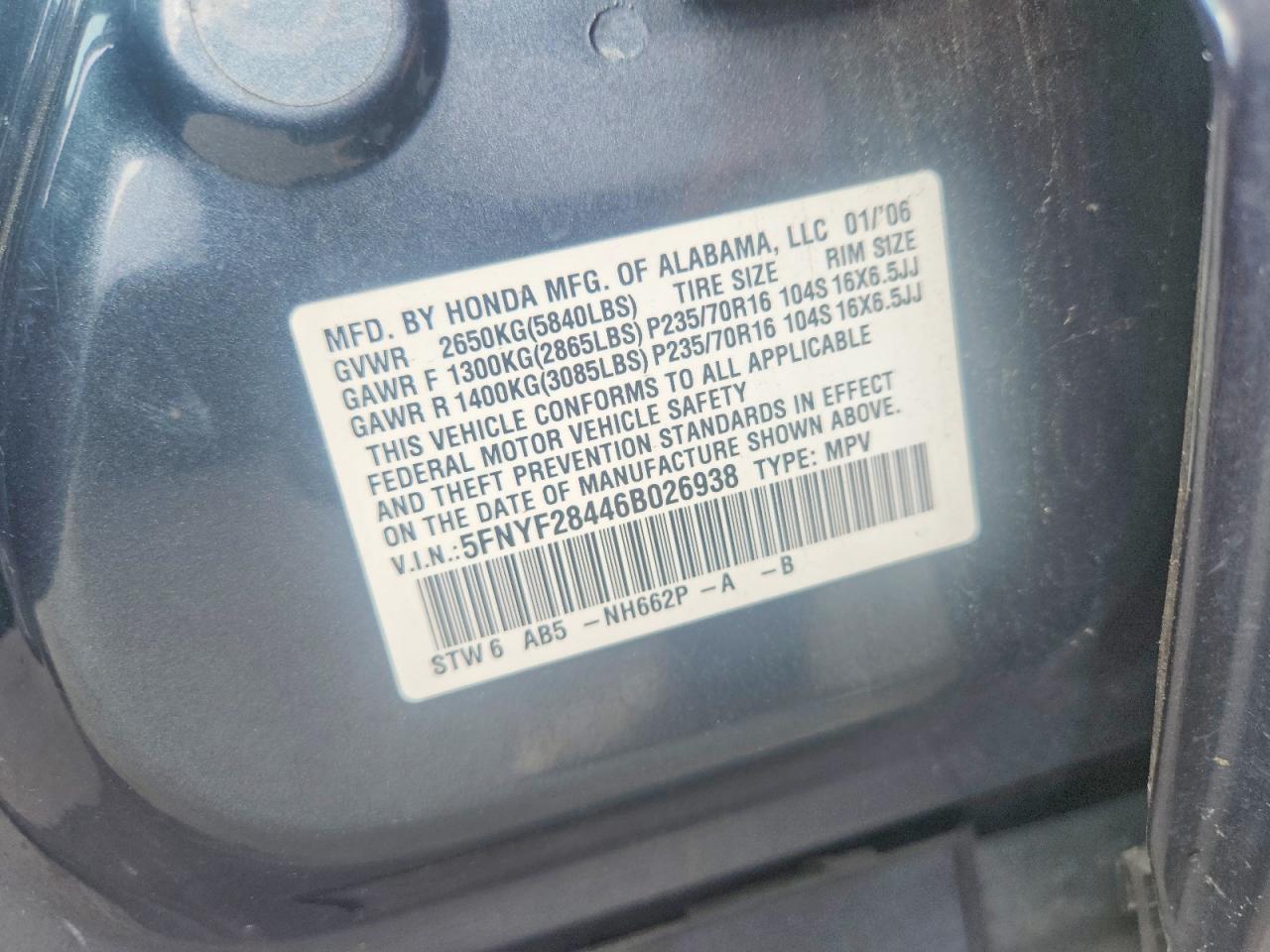 2006 Honda Pilot Ex Blue vin: 5FNYF28446B026938